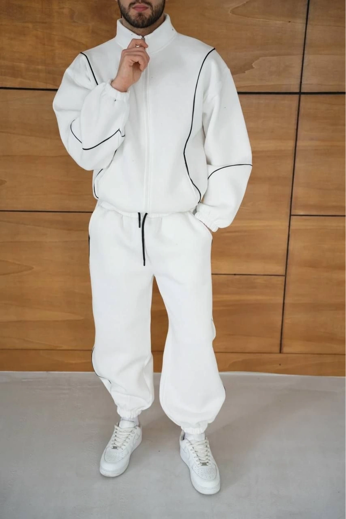 Erkek Premium Parçalı Eşofman Takım - Dik Yaka Fermuarlı Biyeli Sweatshirt Lastik Paça Alt, Oversize 3 iplik Şardonlu - Beyaz