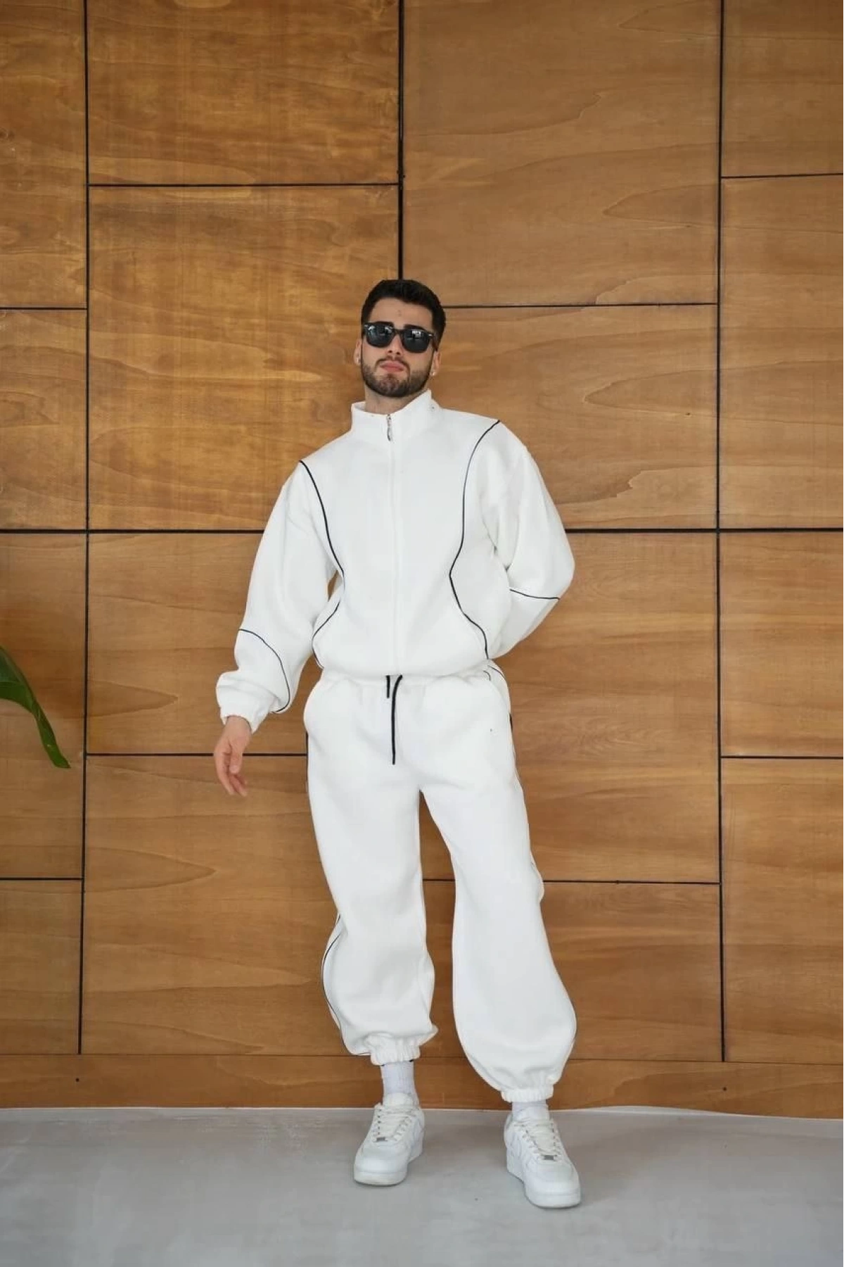 Erkek Premium Parçalı Eşofman Takım - Dik Yaka Fermuarlı Biyeli Sweatshirt Lastik Paça Alt, Oversize 3 iplik Şardonlu - Beyaz