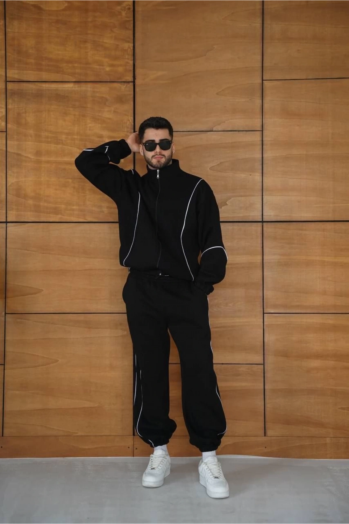 Erkek Premium Parçalı Eşofman Takım - Dik Yaka Fermuarlı Biyeli Sweatshirt Lastik Paça Alt, Oversize 3 iplik Şardonlu - Siyah