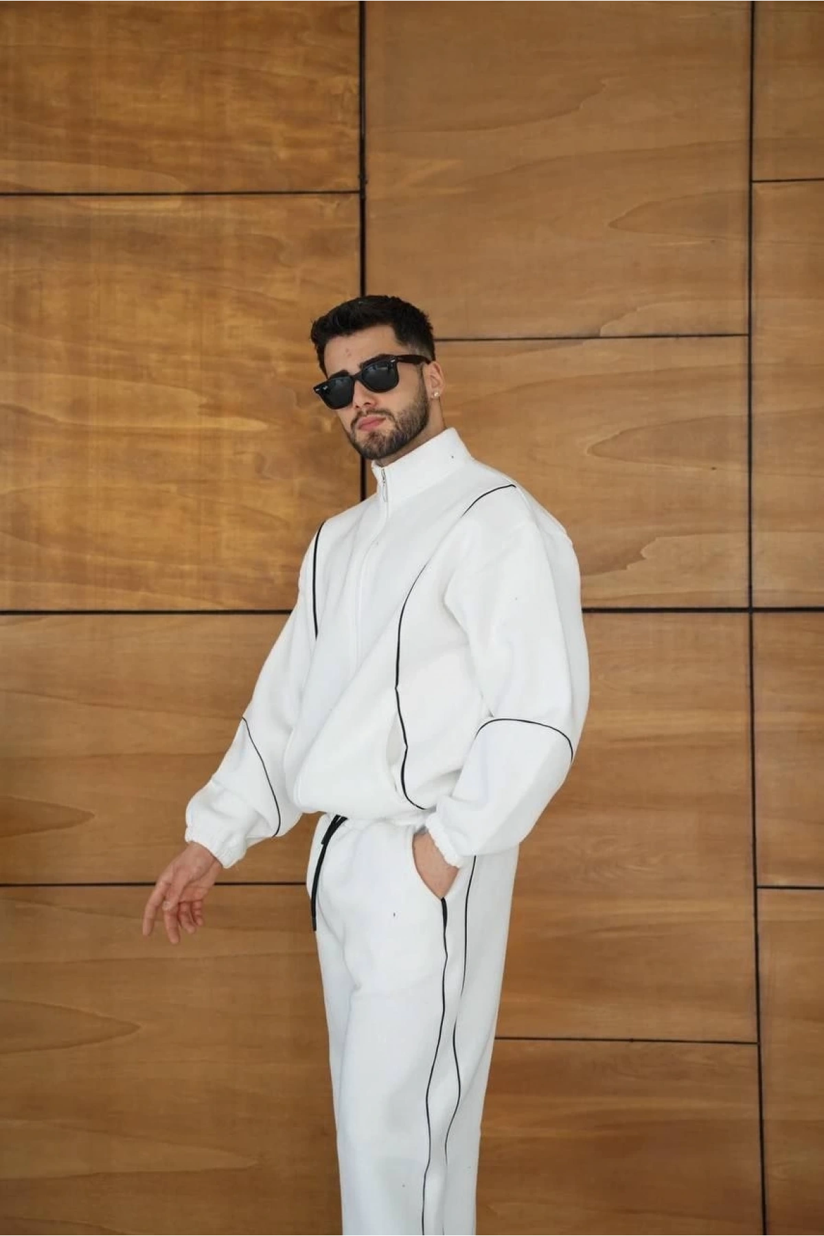 Erkek Premium Parçalı Eşofman Takım - Dik Yaka Fermuarlı Biyeli Sweatshirt Lastik Paça Alt, Oversize 3 iplik Şardonlu - Beyaz