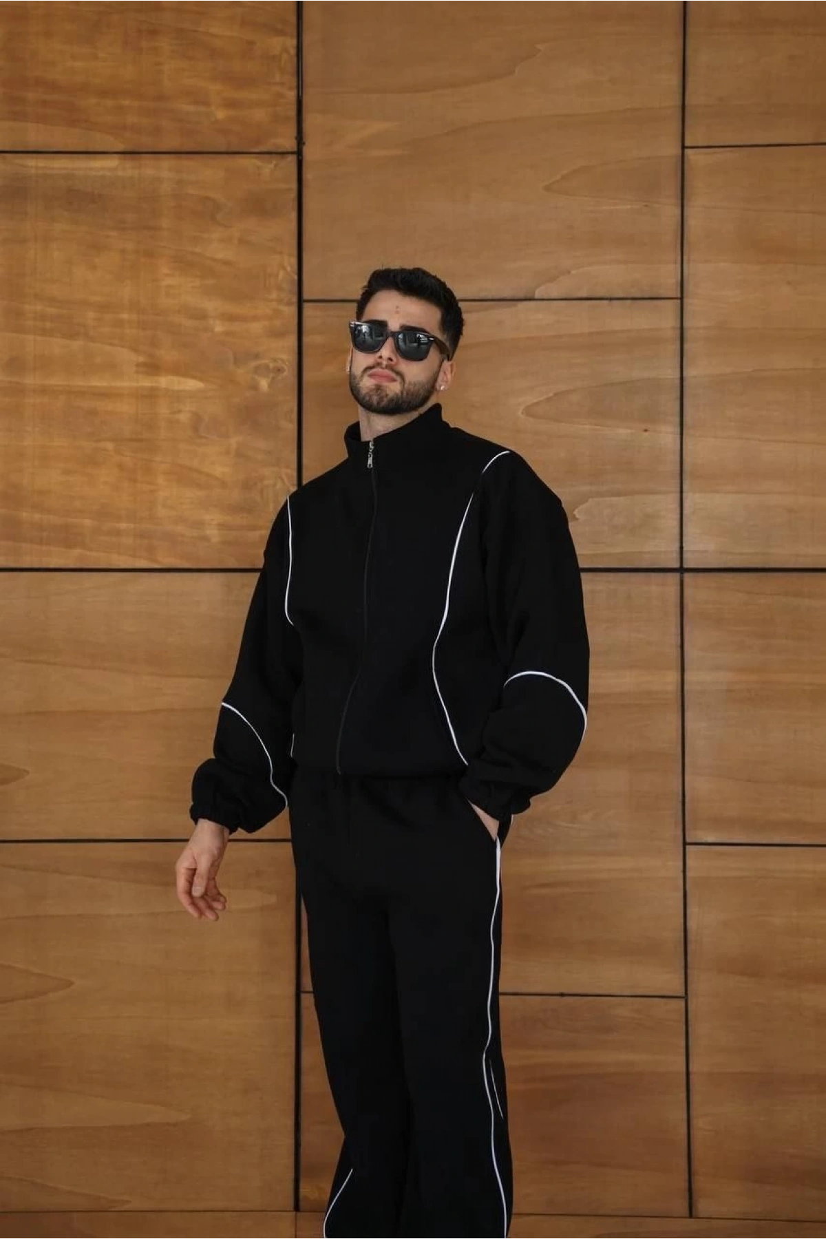 Erkek Premium Parçalı Eşofman Takım - Dik Yaka Fermuarlı Biyeli Sweatshirt Lastik Paça Alt, Oversize 3 iplik Şardonlu - Siyah