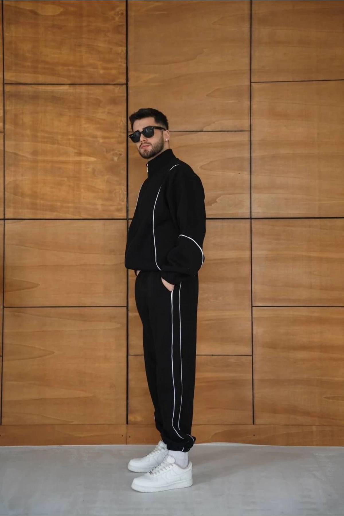 Erkek Premium Parçalı Eşofman Takım - Dik Yaka Fermuarlı Biyeli Sweatshirt Lastik Paça Alt, Oversize 3 iplik Şardonlu - Siyah