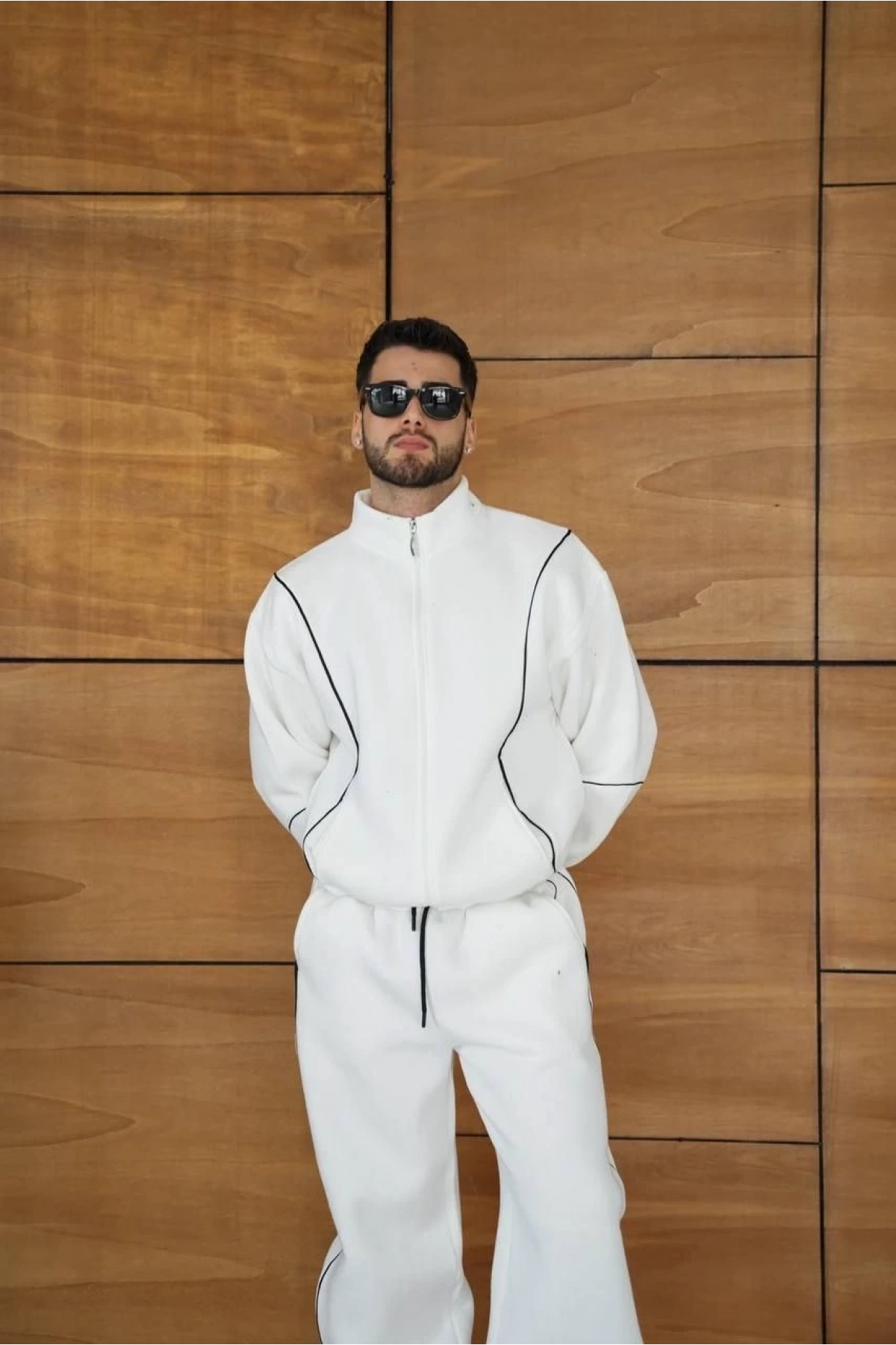 Erkek Premium Parçalı Eşofman Takım - Dik Yaka Fermuarlı Biyeli Sweatshirt Lastik Paça Alt, Oversize 3 iplik Şardonlu - Beyaz