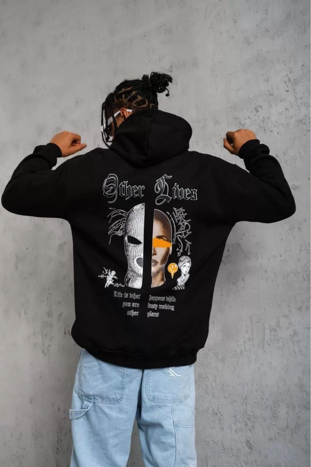 Erkek Kapşonlu Sweatshirt – Oversize Üç İplik Şardonlu Hoodie, “Other Lives” Ön & Arka Baskılı, Kanguru Cepli, Kışlık Rahat Günlük Stil - Siyah