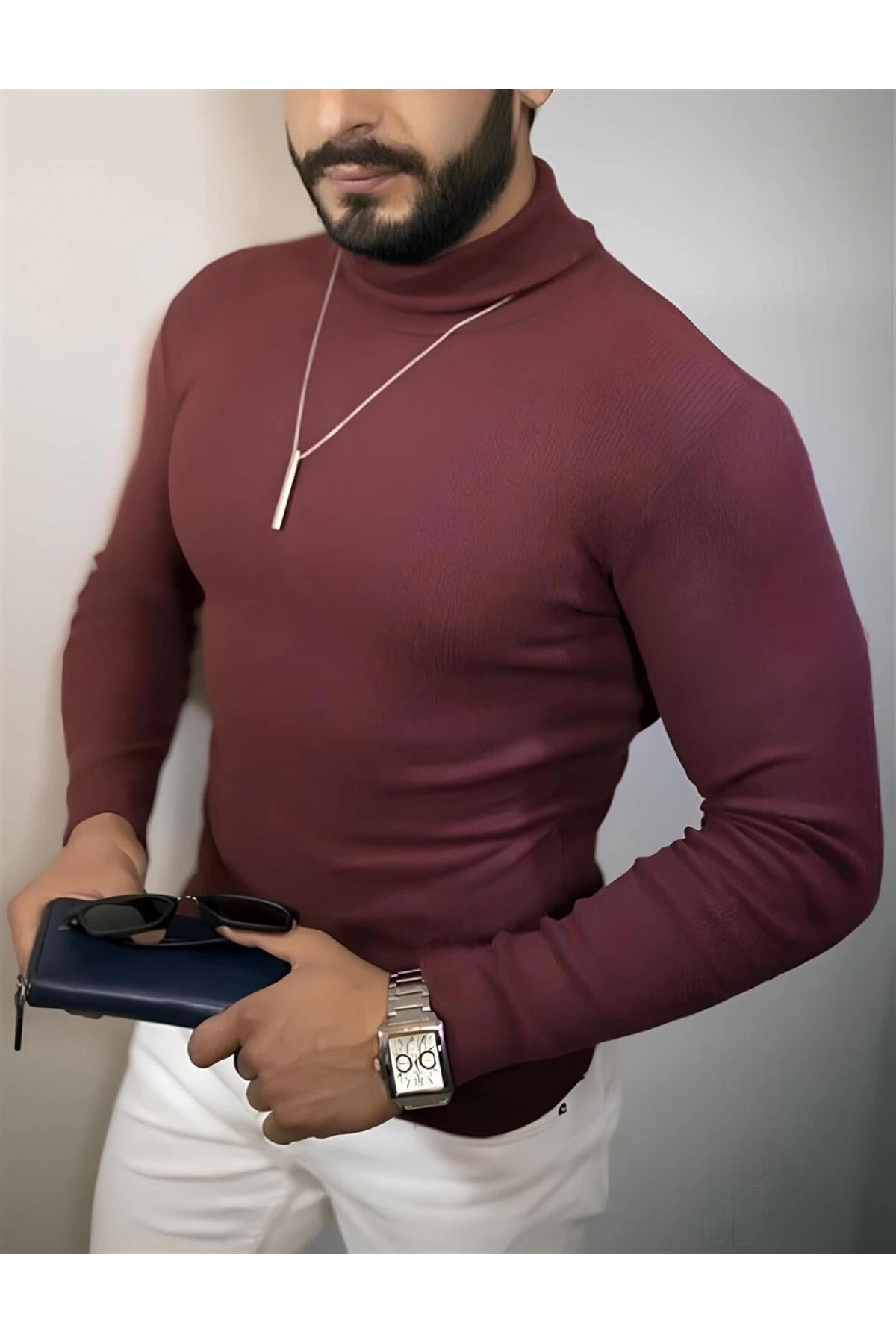 Erkek Tam Boğazlı Fitilli Kaşkorse Triko – Likralı, Extra Dar Kesim Slimfit, Yumuşak Kaşmir Dokulu Model - Bordo
