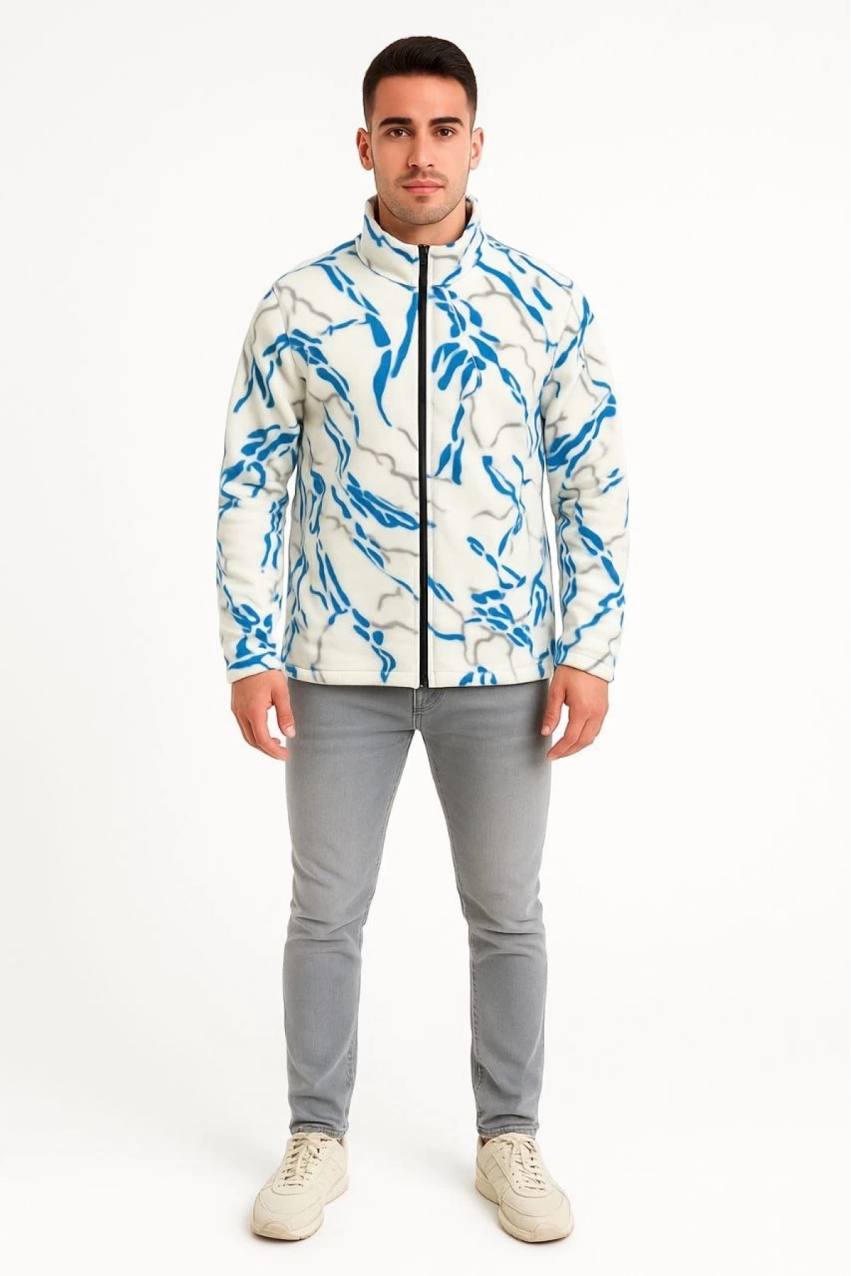 Erkek Tam Fermuarlı Desenli Polar Sweat Lightning Desen Yakalı, Uzun Kollu, Oversize Rahat Kalıp - Beyaz