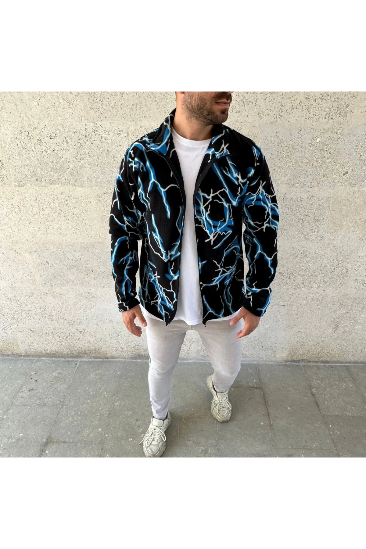 Erkek Tam Fermuarlı Desenli Polar Sweat Lightning Desen Yakalı, Uzun Kollu, Oversize Rahat Kalıp - Siyah