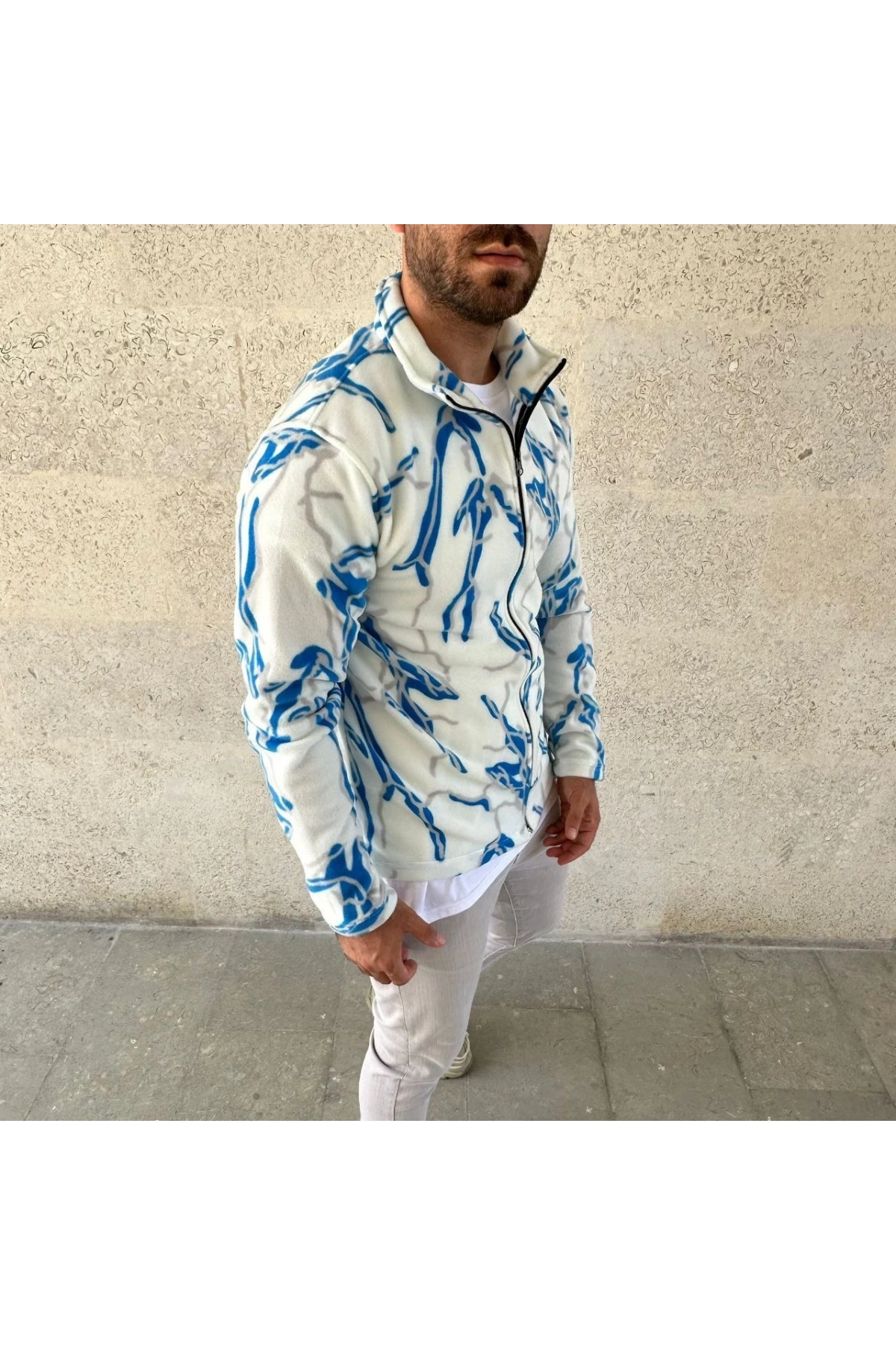 Erkek Tam Fermuarlı Desenli Polar Sweat Lightning Desen Yakalı, Uzun Kollu, Oversize Rahat Kalıp - Beyaz