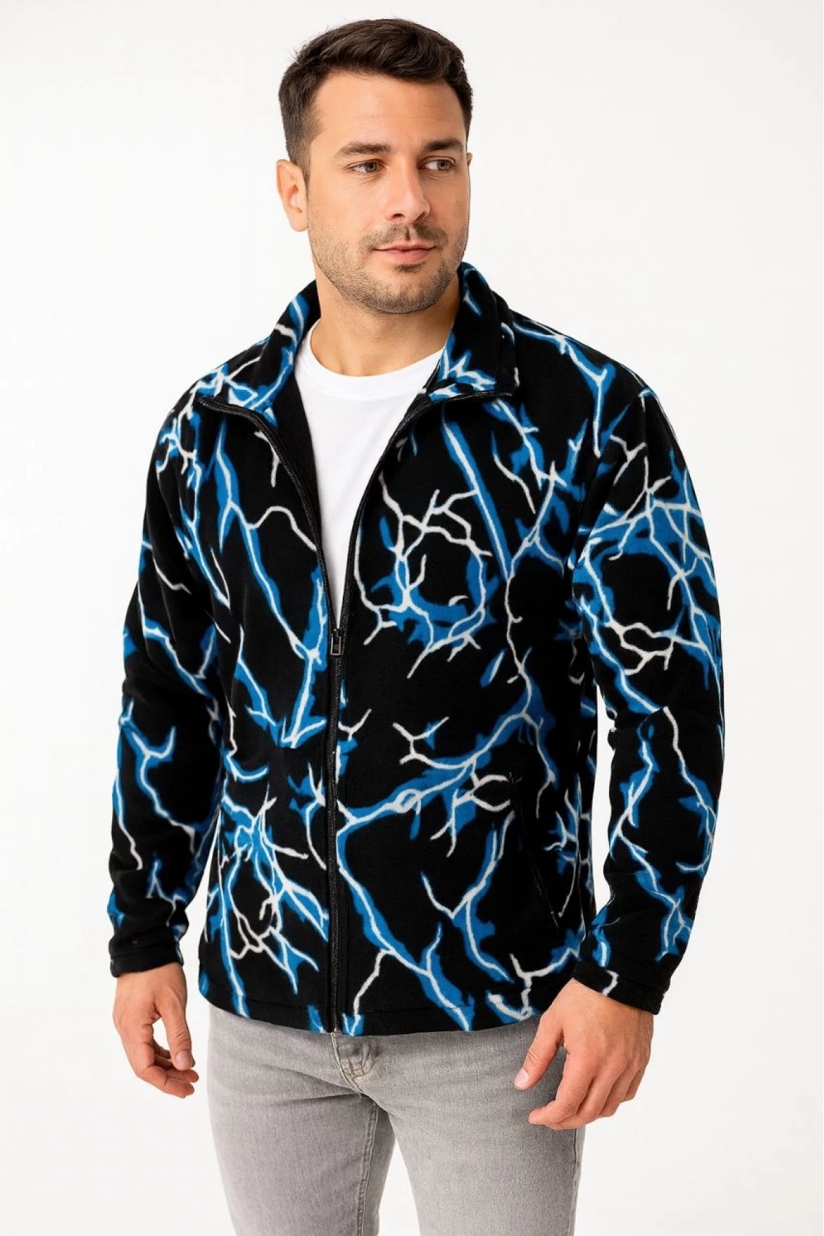 Erkek Tam Fermuarlı Desenli Polar Sweat Lightning Desen Yakalı, Uzun Kollu, Oversize Rahat Kalıp - Siyah