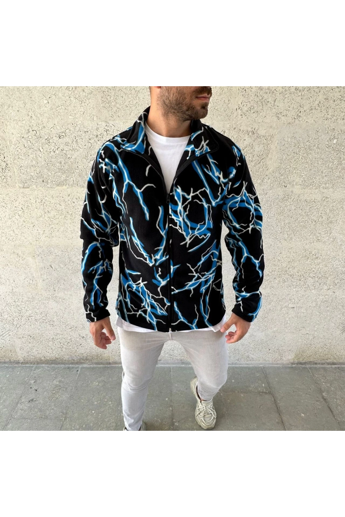 Erkek Tam Fermuarlı Desenli Polar Sweat Lightning Desen Yakalı, Uzun Kollu, Oversize Rahat Kalıp - Siyah