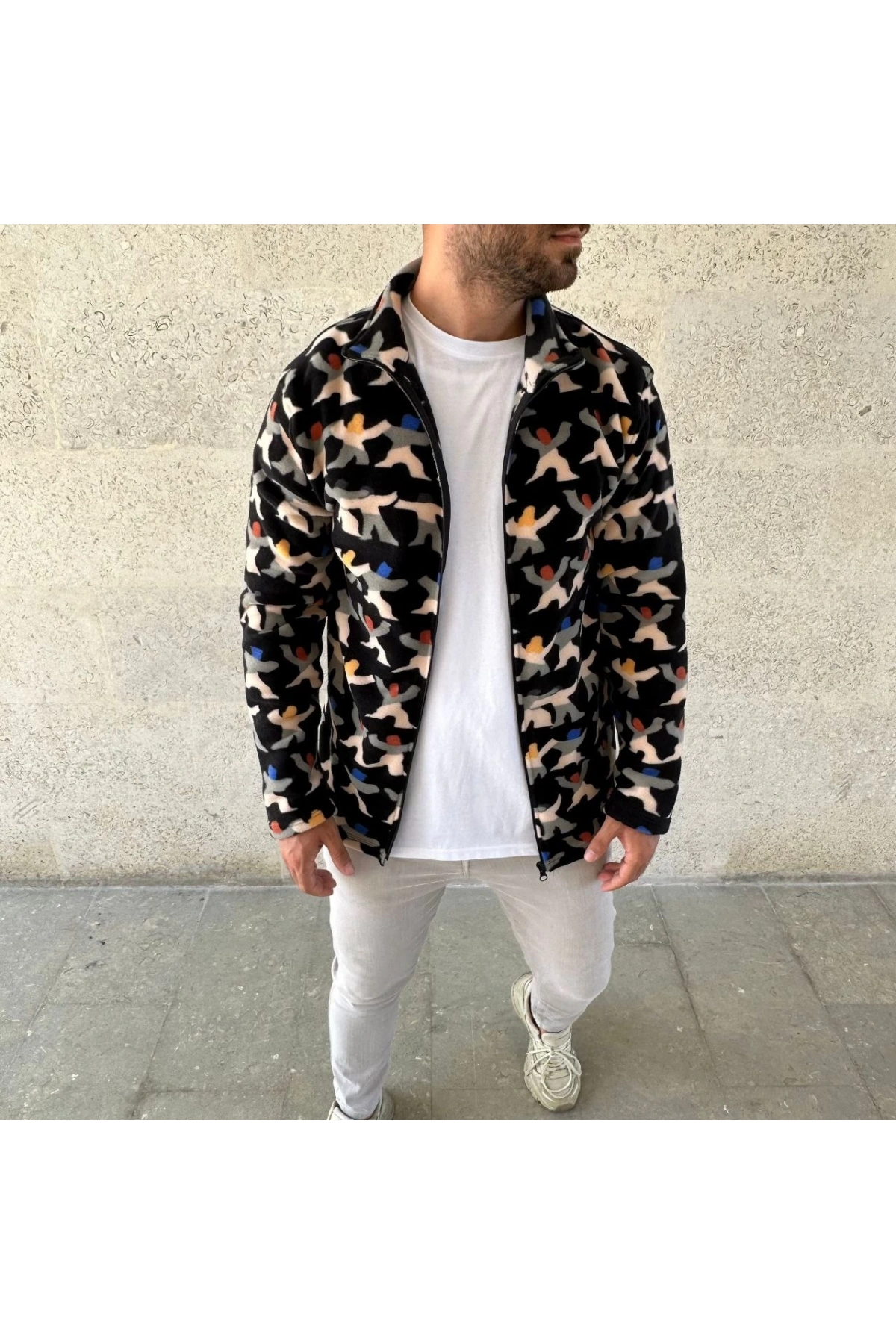 Erkek Tam Fermuarlı Desenli Polar Sweat – Siyah Multicolor Figür Desen Yakalı, Uzun Kollu, Oversize Rahat Kalıp- Siyah