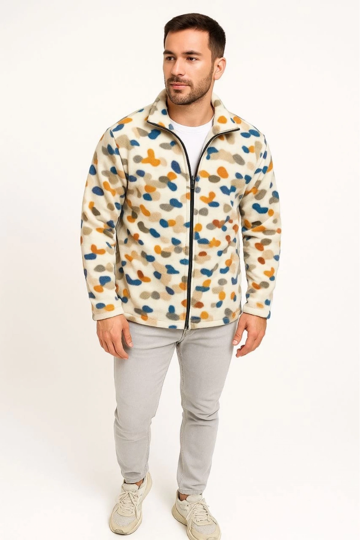 Erkek Tam Fermuarlı Desenli Polar Sweat – Siyah Multicolor Figür Desen Yakalı, Uzun Kollu, Oversize Rahat Kalıp- Beyaz