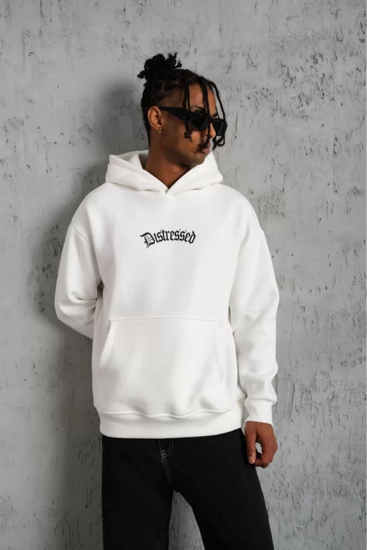 Erkek Üç İplik Baskılı Kapüşonlu Sweat - Beyaz