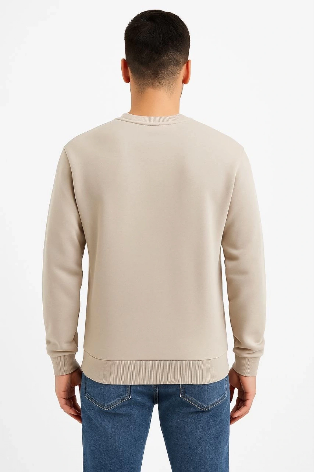 Erkek Üç İplik Düz Bisiklet Yaka SweatShirt - Bej