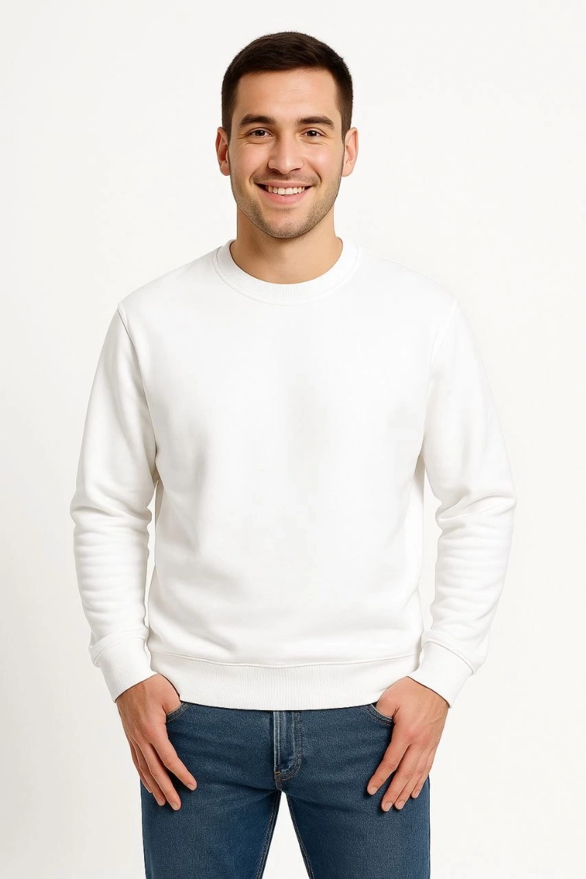 Erkek Üç İplik Düz Bisiklet Yaka SweatShirt - Beyaz