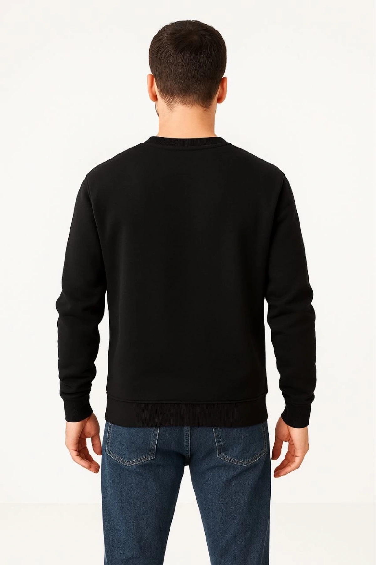 Erkek Üç İplik Düz Bisiklet Yaka SweatShirt - Siyah