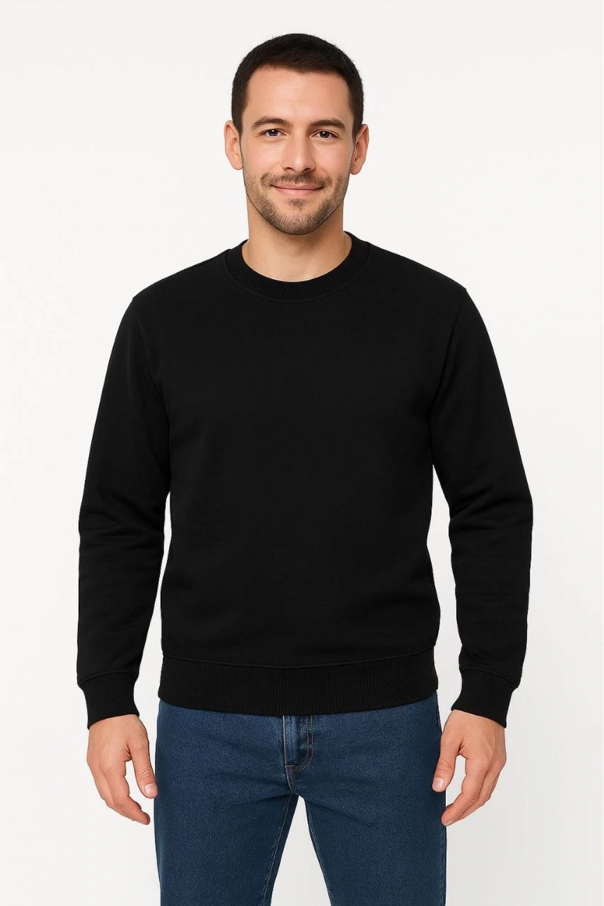 Erkek Üç İplik Düz Bisiklet Yaka SweatShirt - Siyah