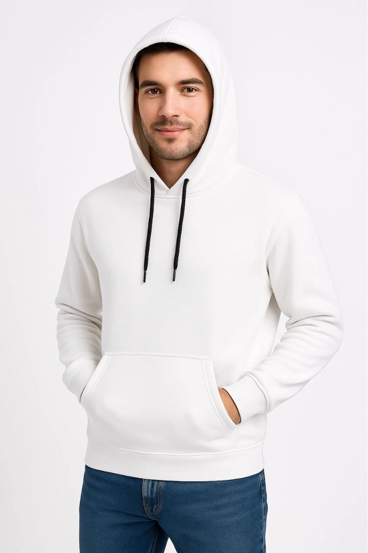 Erkek Üç İplik Kapüşonlu Kanguru Cepli SweatShirt hoodie - Beyaz