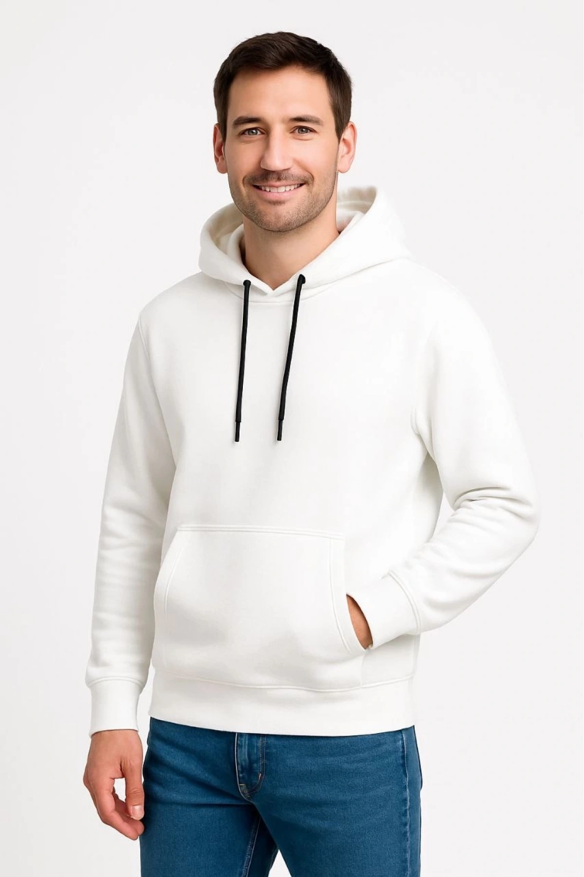 Erkek Üç İplik Kapüşonlu Kanguru Cepli SweatShirt hoodie - Beyaz