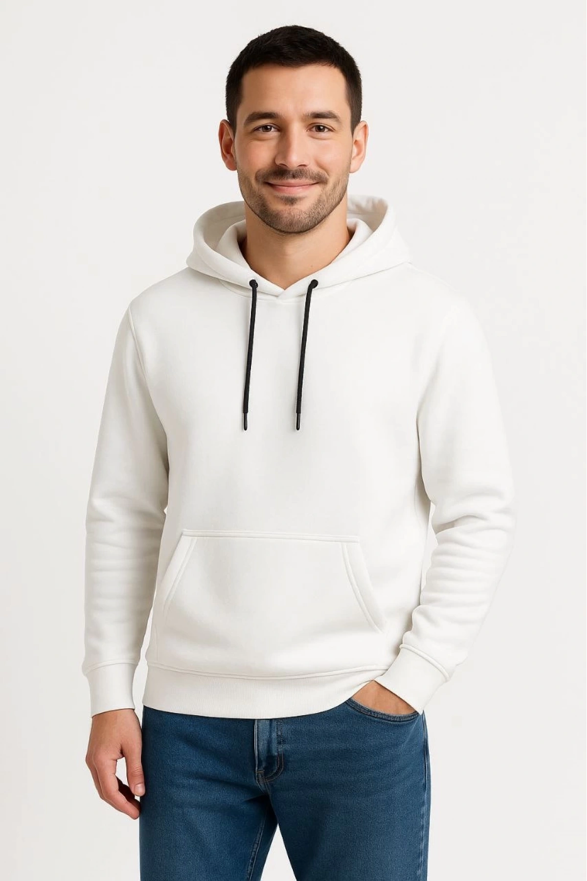 Erkek Üç İplik Kapüşonlu Kanguru Cepli SweatShirt hoodie - Beyaz