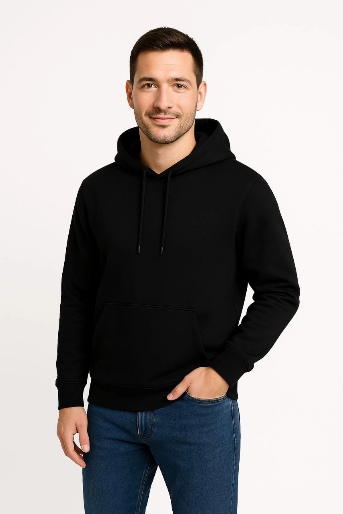 Erkek Üç İplik Kapüşonlu Kanguru Cepli SweatShirt hoodie - Siyah