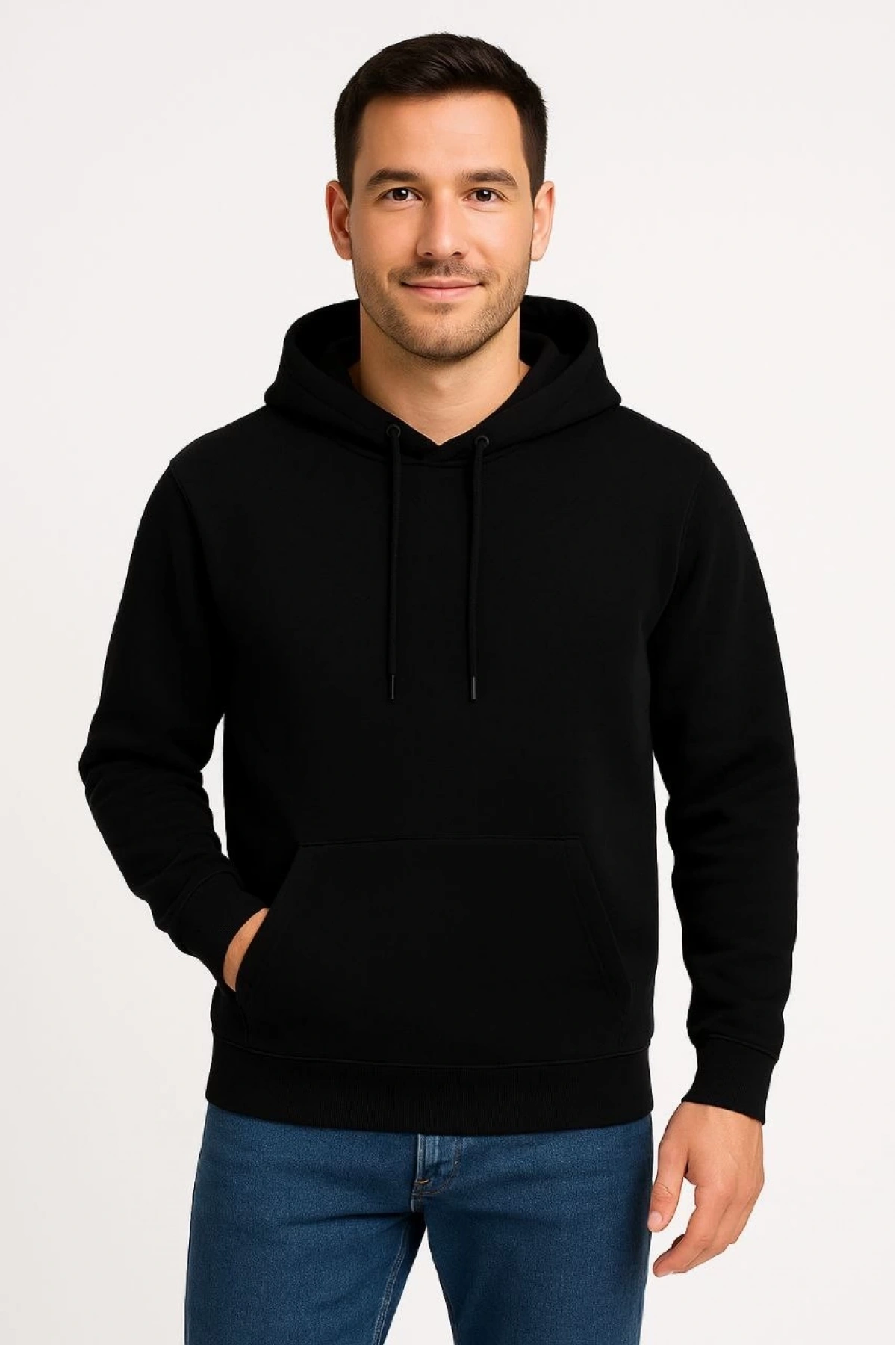 Erkek Üç İplik Kapüşonlu Kanguru Cepli SweatShirt hoodie - Siyah