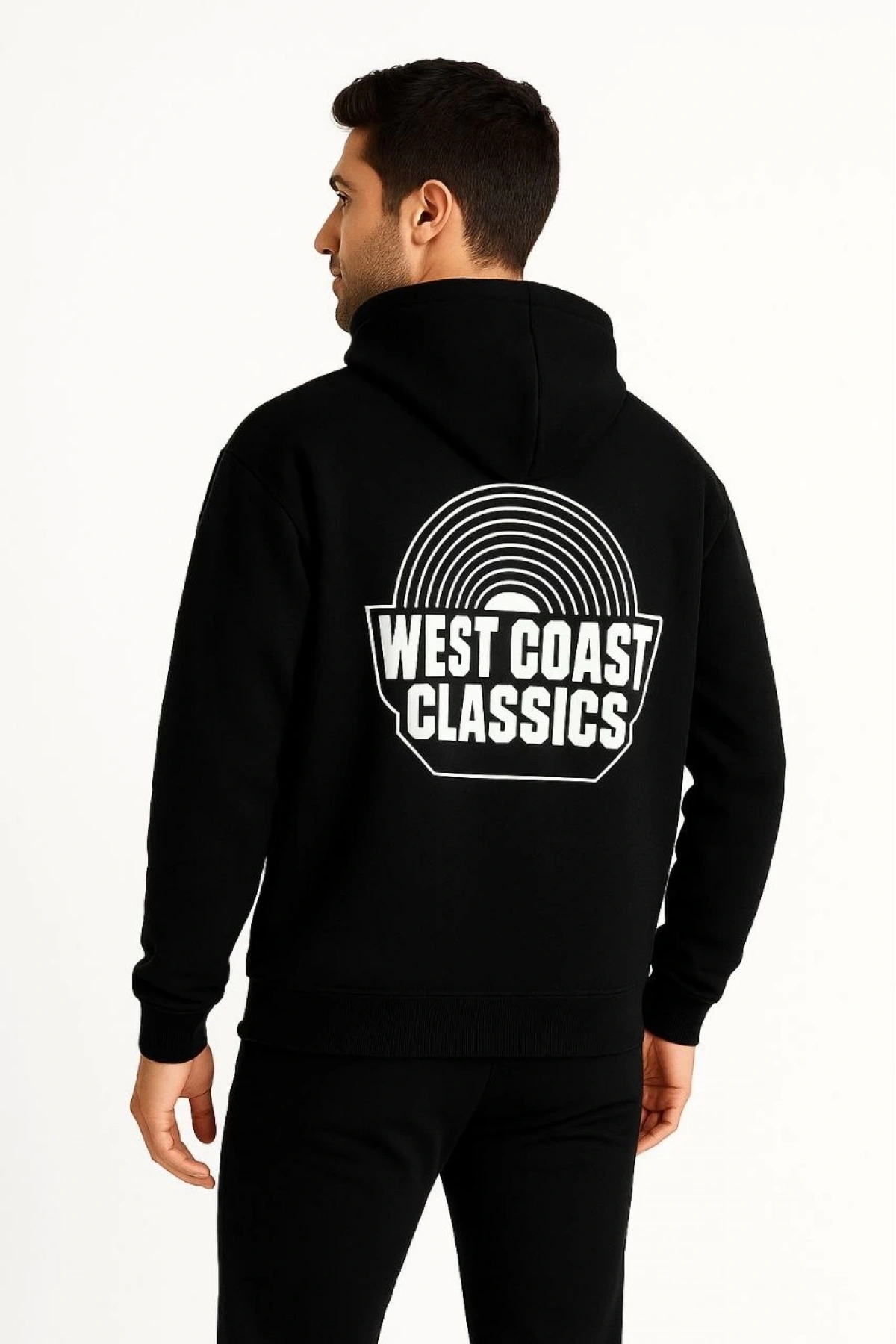Erkek Kapşonlu Sweatshirt – Oversize Üç İplik Şardonlu Hoodie, “West Coast Classics” Ön & Arka Baskılı, Kanguru Cepli Kışlık Günlük Stil - Siyah