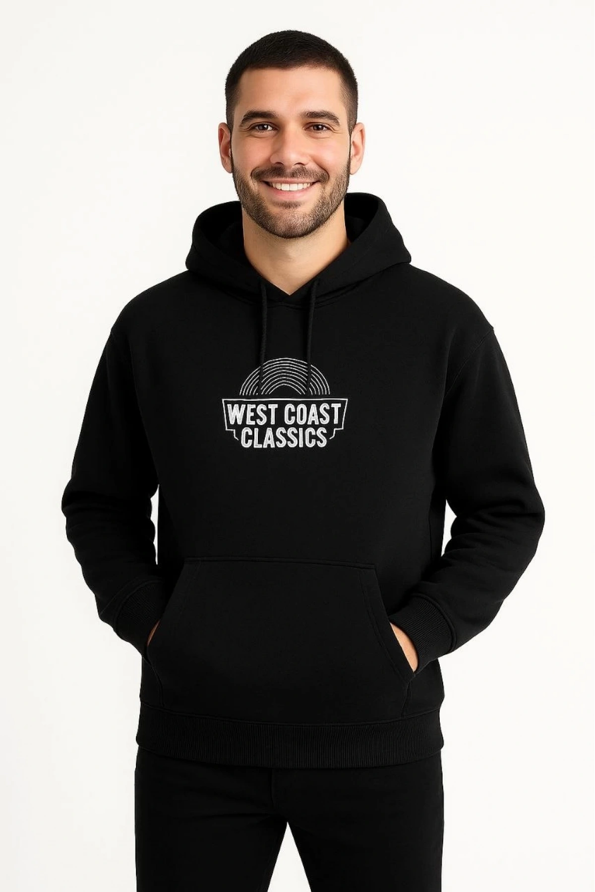 Erkek Kapşonlu Sweatshirt – Oversize Üç İplik Şardonlu Hoodie, “West Coast Classics” Ön & Arka Baskılı, Kanguru Cepli Kışlık Günlük Stil - Siyah