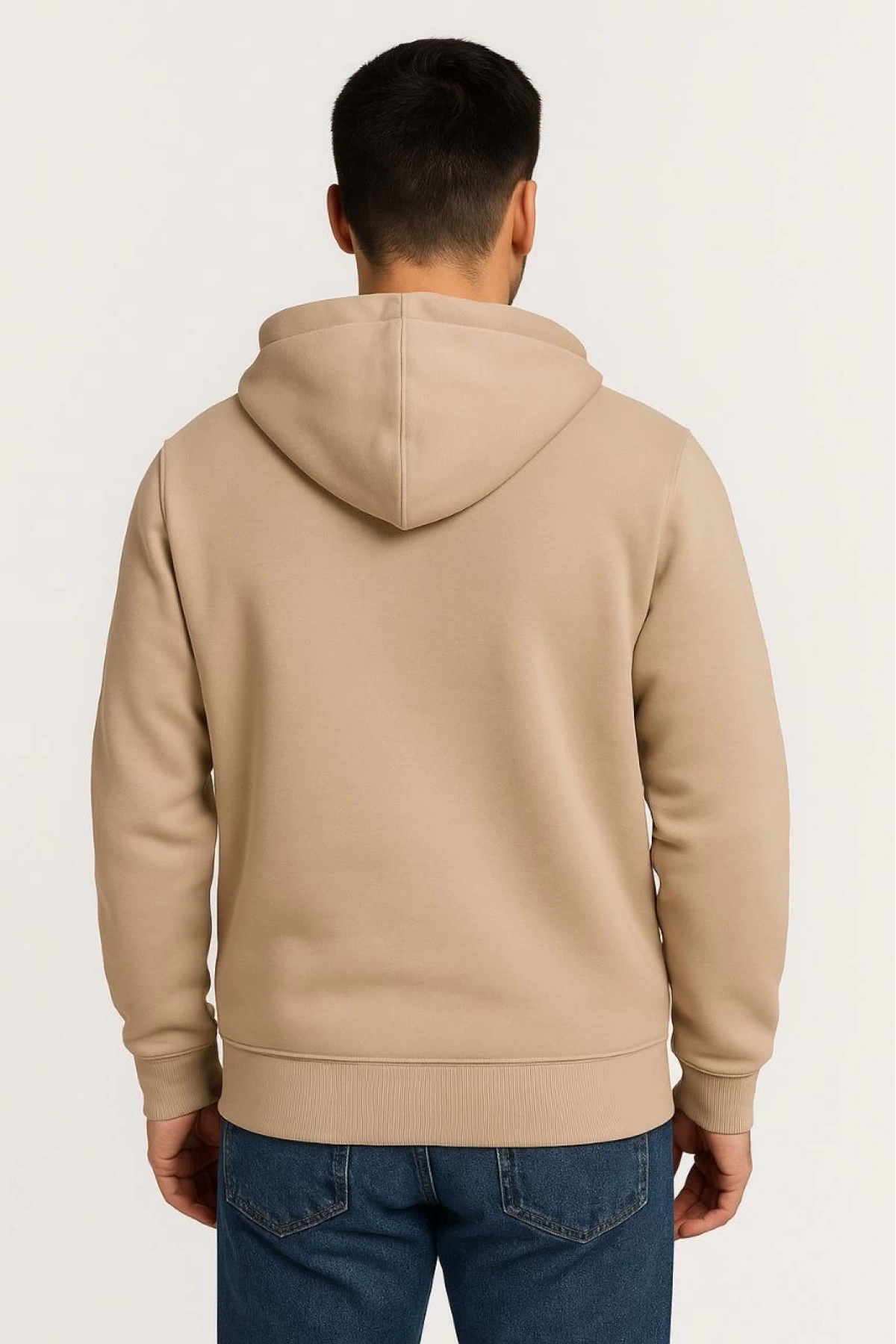 Erkek Üç İplik Kapüşonlu Tam Fermuarlı Kanguru Çepli SweatShirt Hoodie - Bej