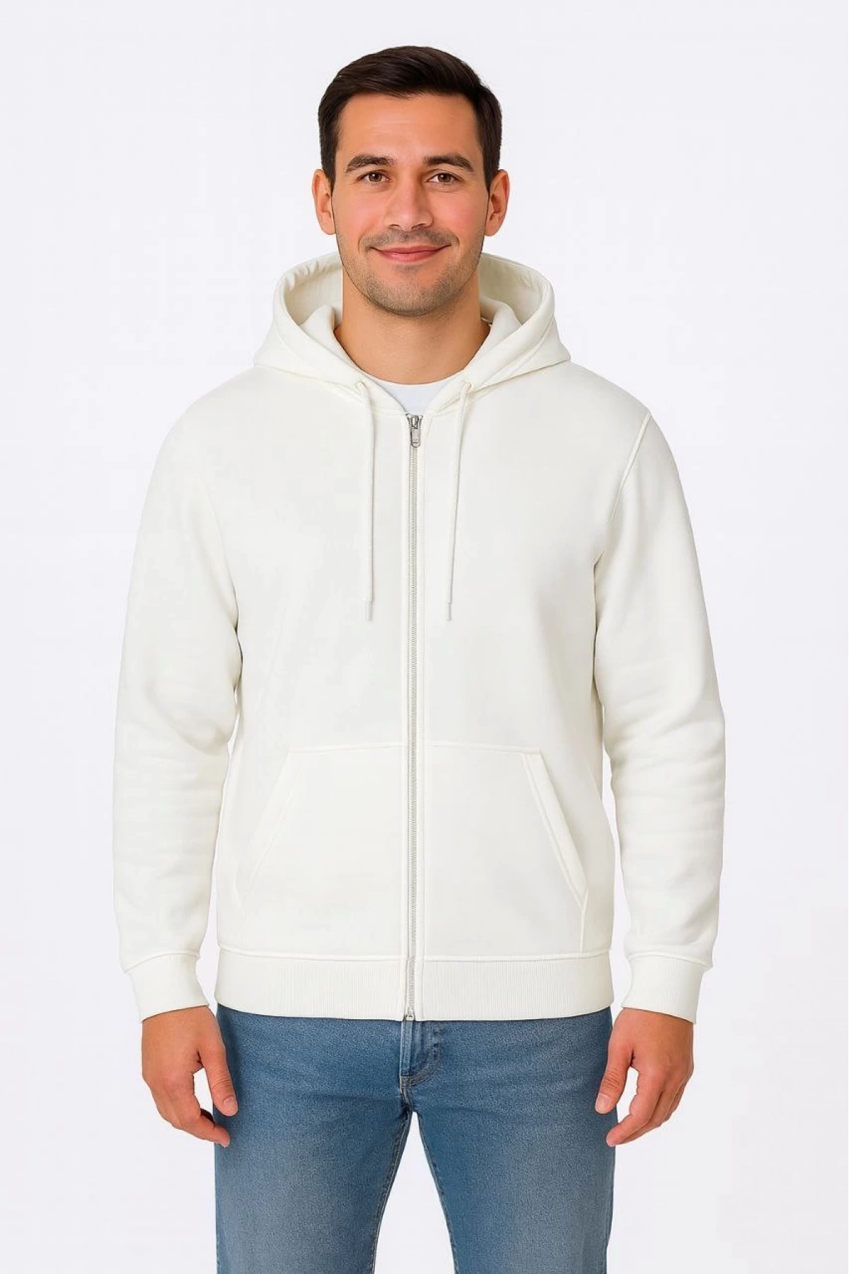 Erkek Üç İplik Kapüşonlu Tam Fermuarlı Kanguru Cepli SweatShirt Hoodie - Beyaz