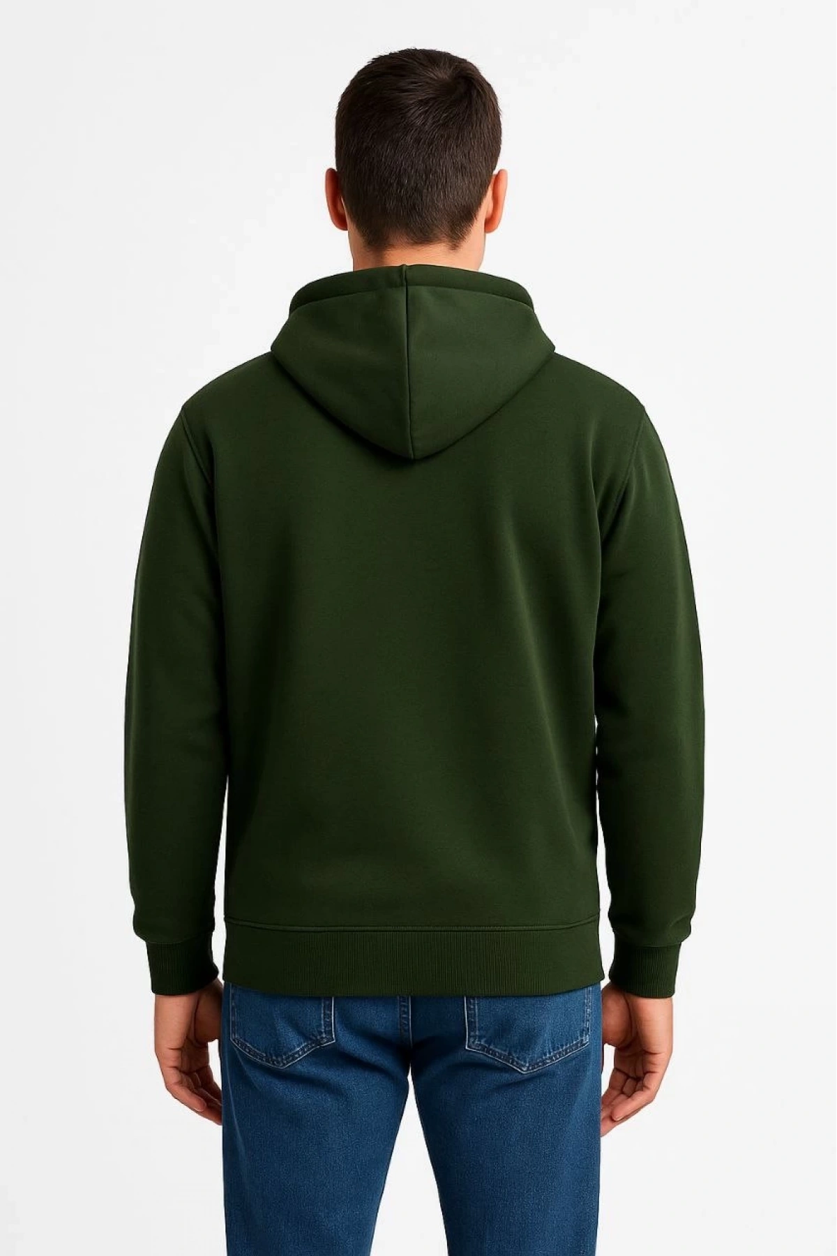 Erkek Üç İplik Kapüşonlu Tam Fermuarlı Kanguru Cepli Sweatshirt Hoodie - Haki