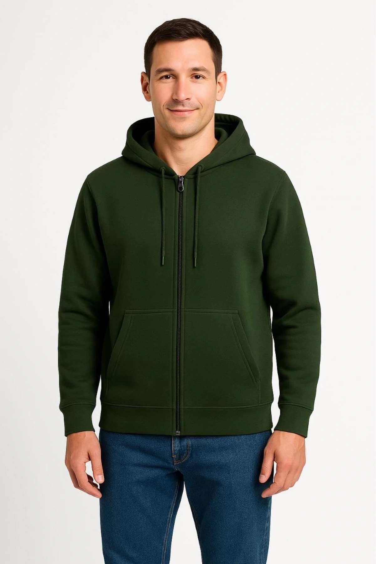 Erkek Üç İplik Kapüşonlu Tam Fermuarlı Kanguru Cepli Sweatshirt Hoodie - Haki