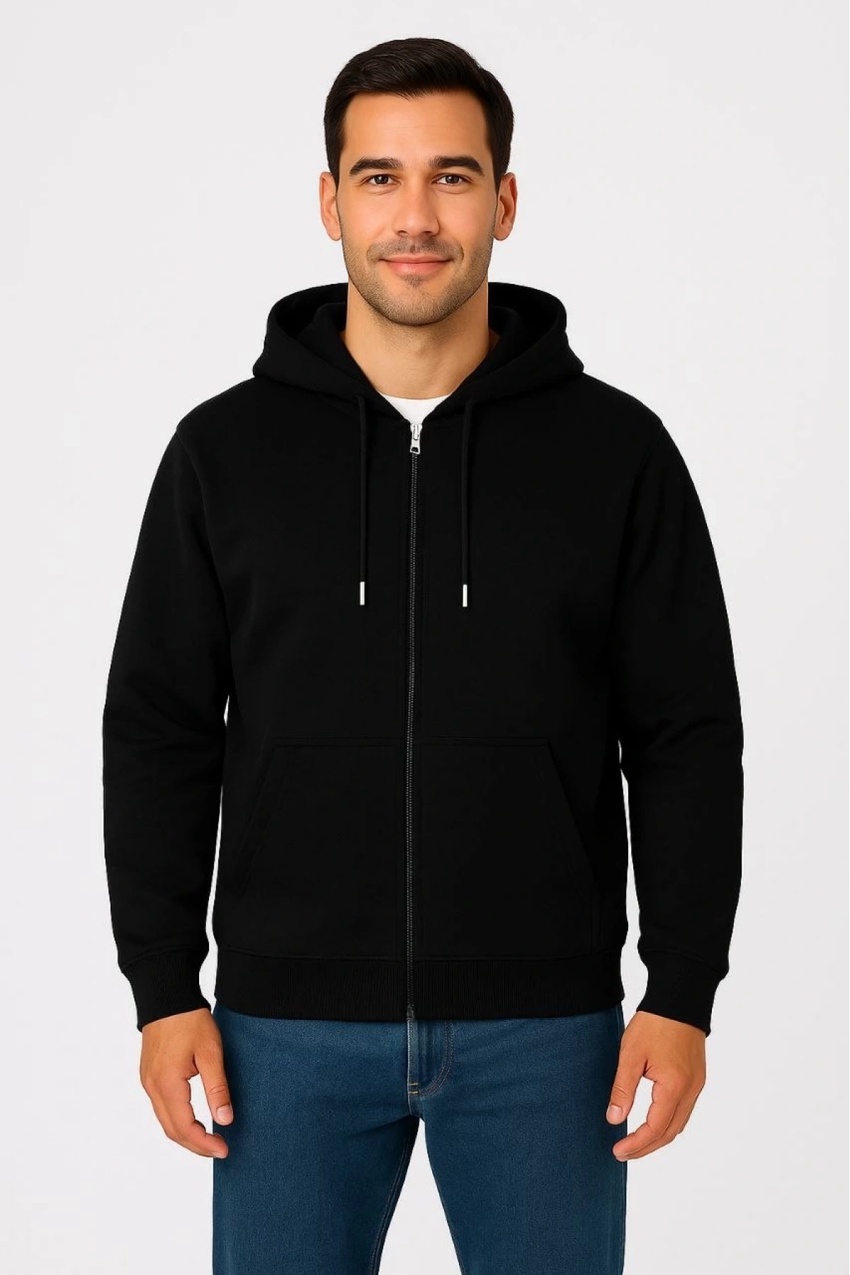 Erkek Üç İplik Kapüşonlu Tam Fermuarlı Kanguru Çepli SweatShirt Hoodie - Siyah