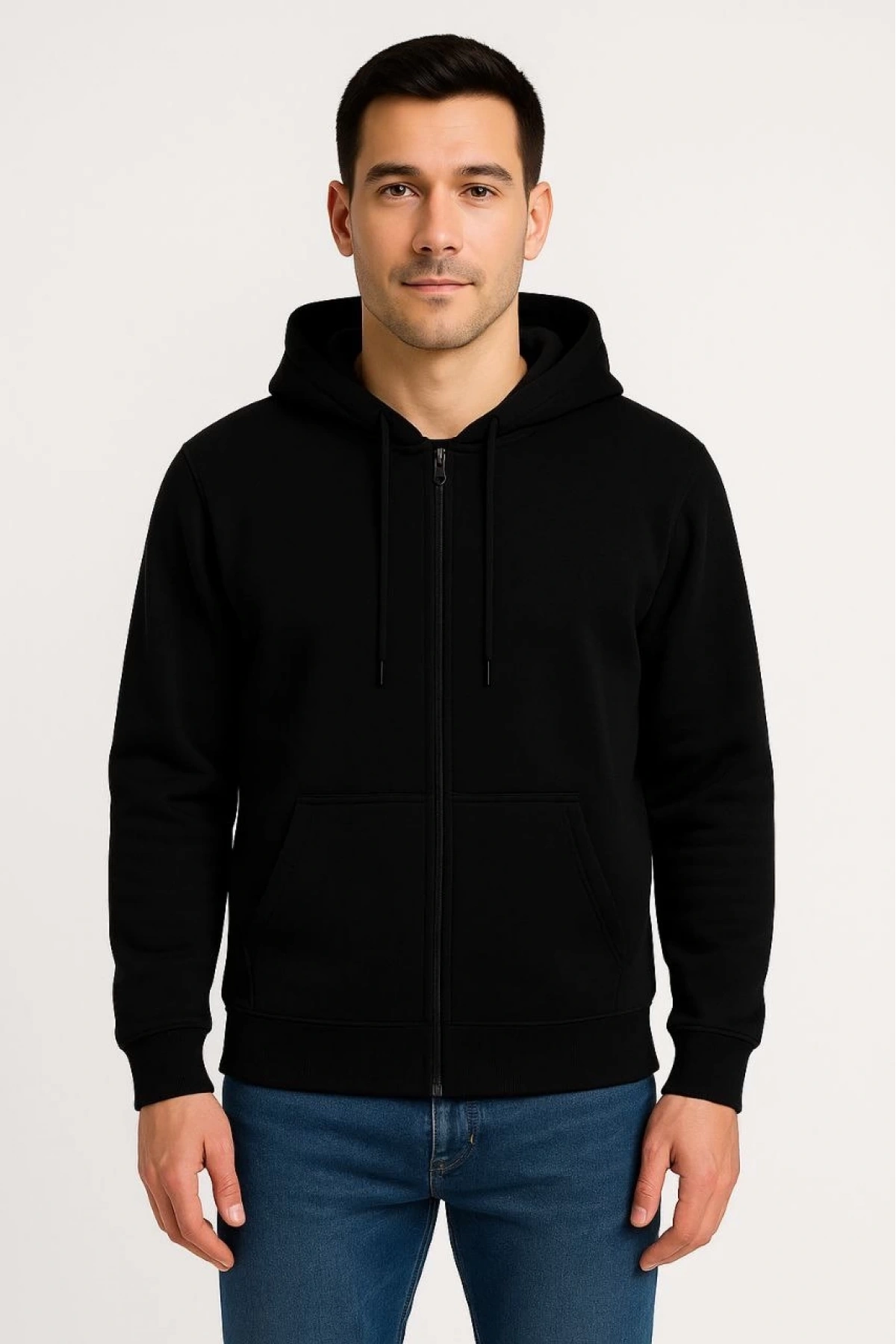 Erkek Üç İplik Kapüşonlu Tam Fermuarlı Kanguru Çepli SweatShirt Hoodie - Siyah