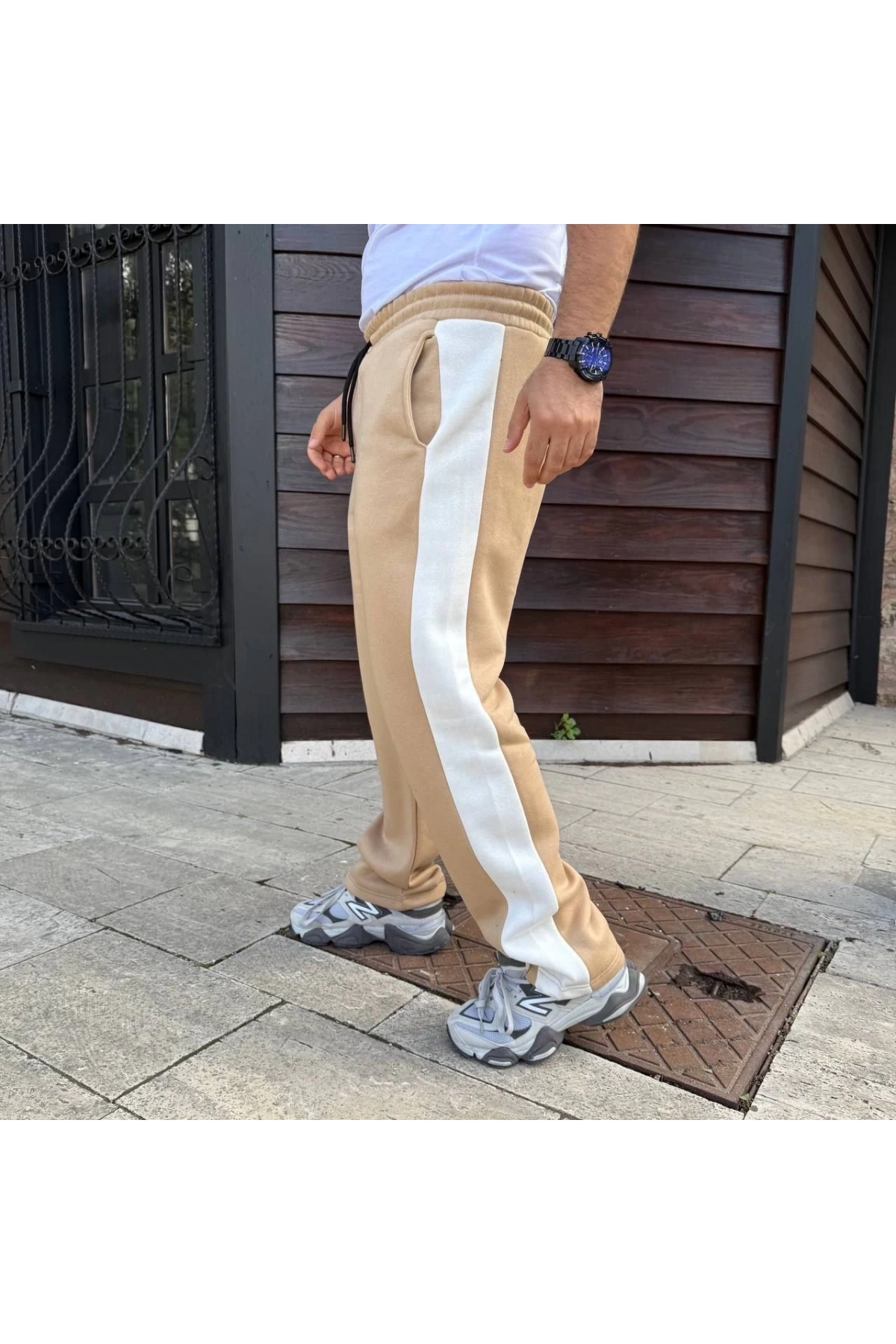 Erkek Üç İplik Kışlık Pamuklu Yandan Garneli Kalın Şeritli Cepli Eşofman Altı - Bej