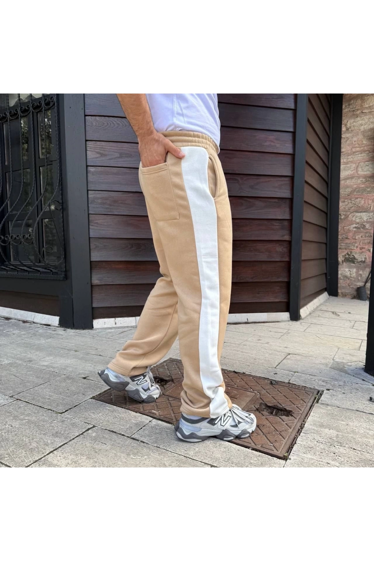 Erkek Üç İplik Kışlık Pamuklu Yandan Garneli Kalın Şeritli Cepli Eşofman Altı - Bej