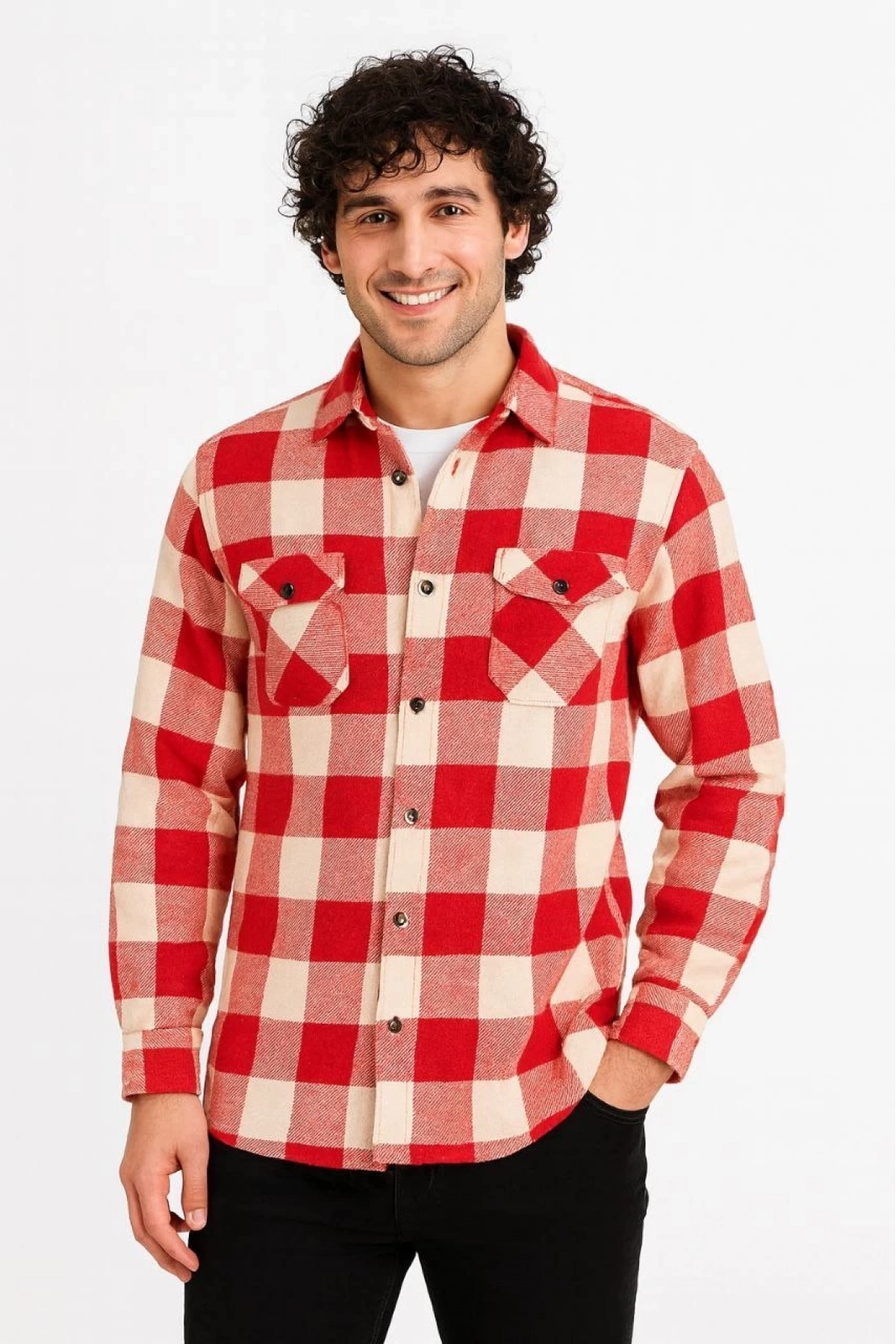 Erkek Oduncu Gömlek – Uzun Kollu, Şardonlu Kumaş, Kareli Desen, Regular Fit, Manşetli, Çift Cepli, Rahat Günlük Bahar & Kış Stil - Kırmızı