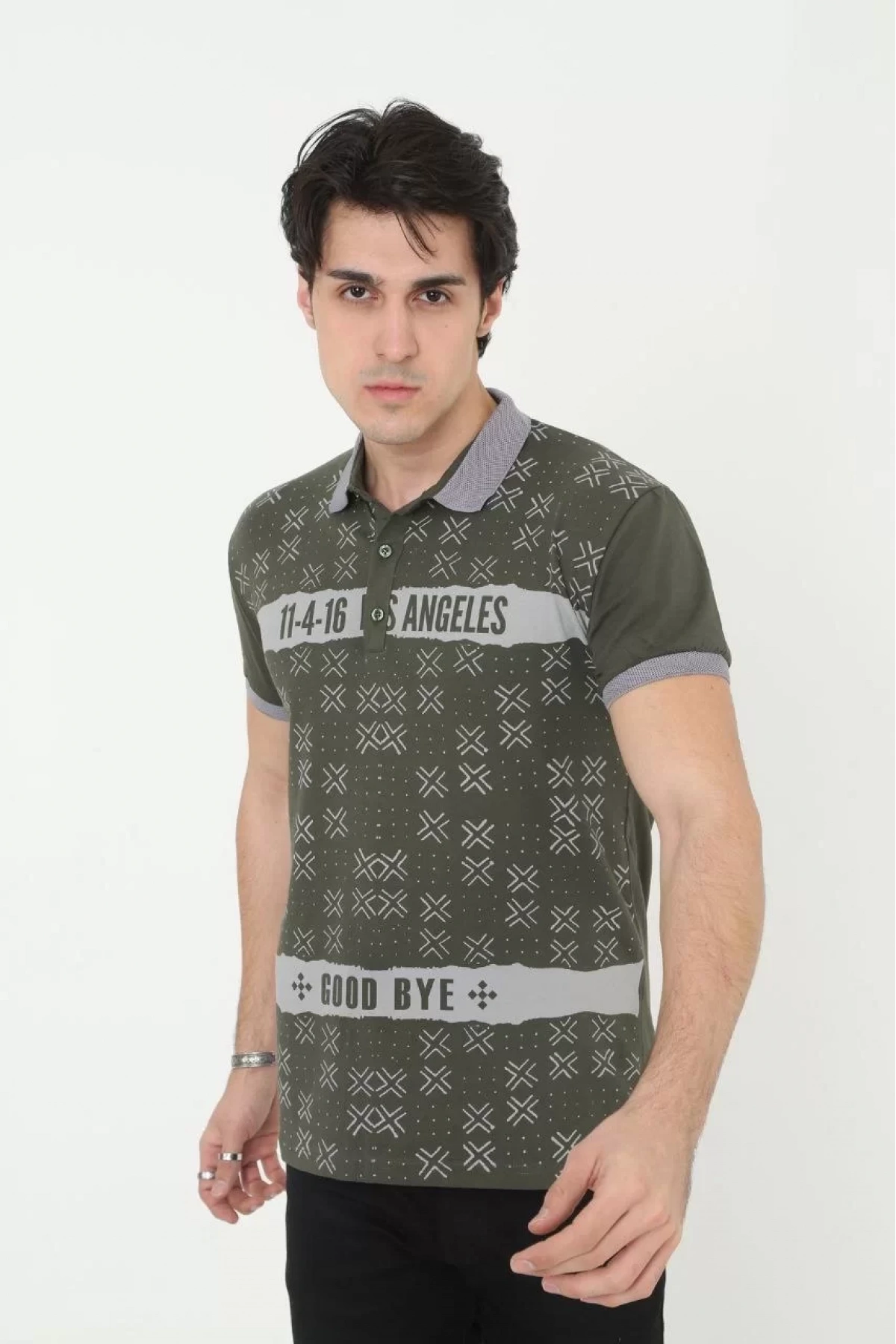 Erkek Yakalı Slim Fit Baskılı T-Shirt - Haki