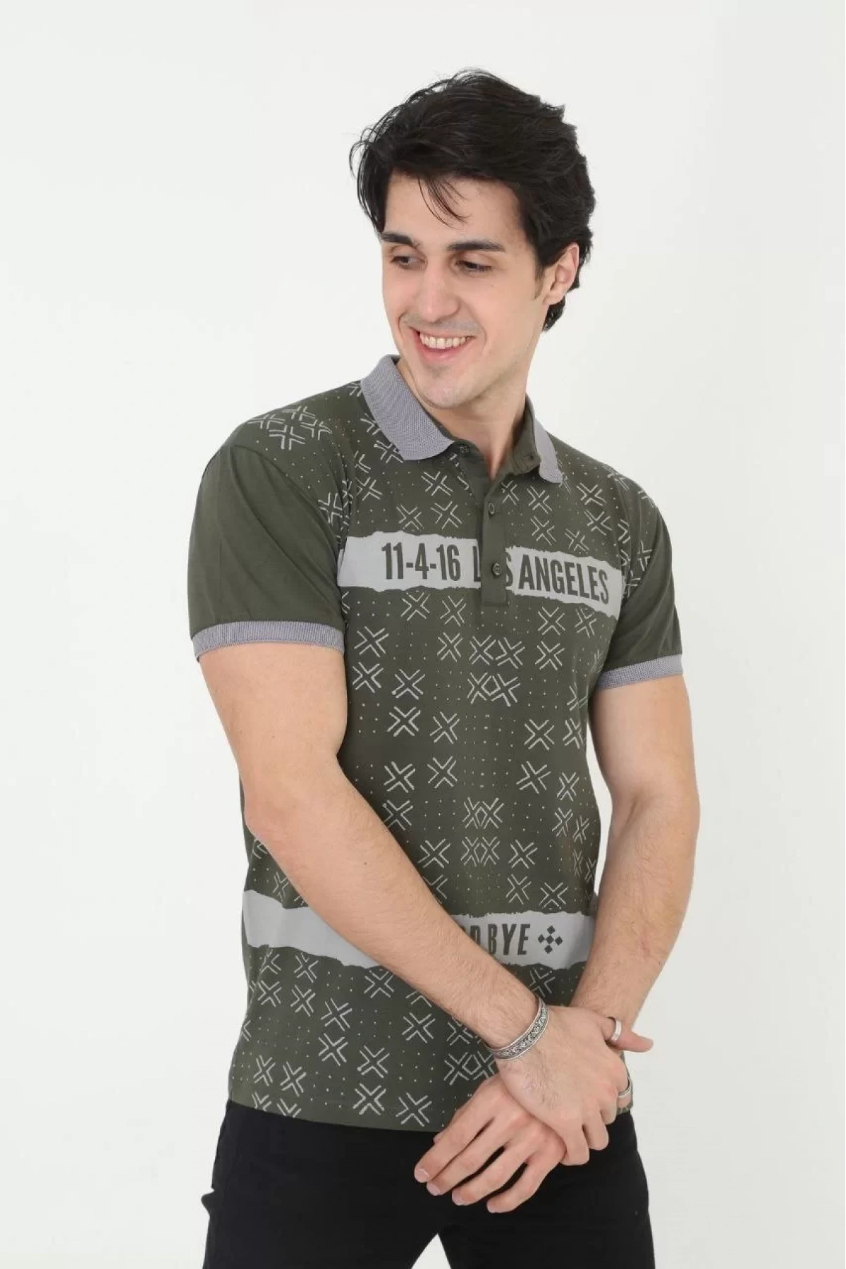 Erkek Yakalı Slim Fit Baskılı T-Shirt - Haki