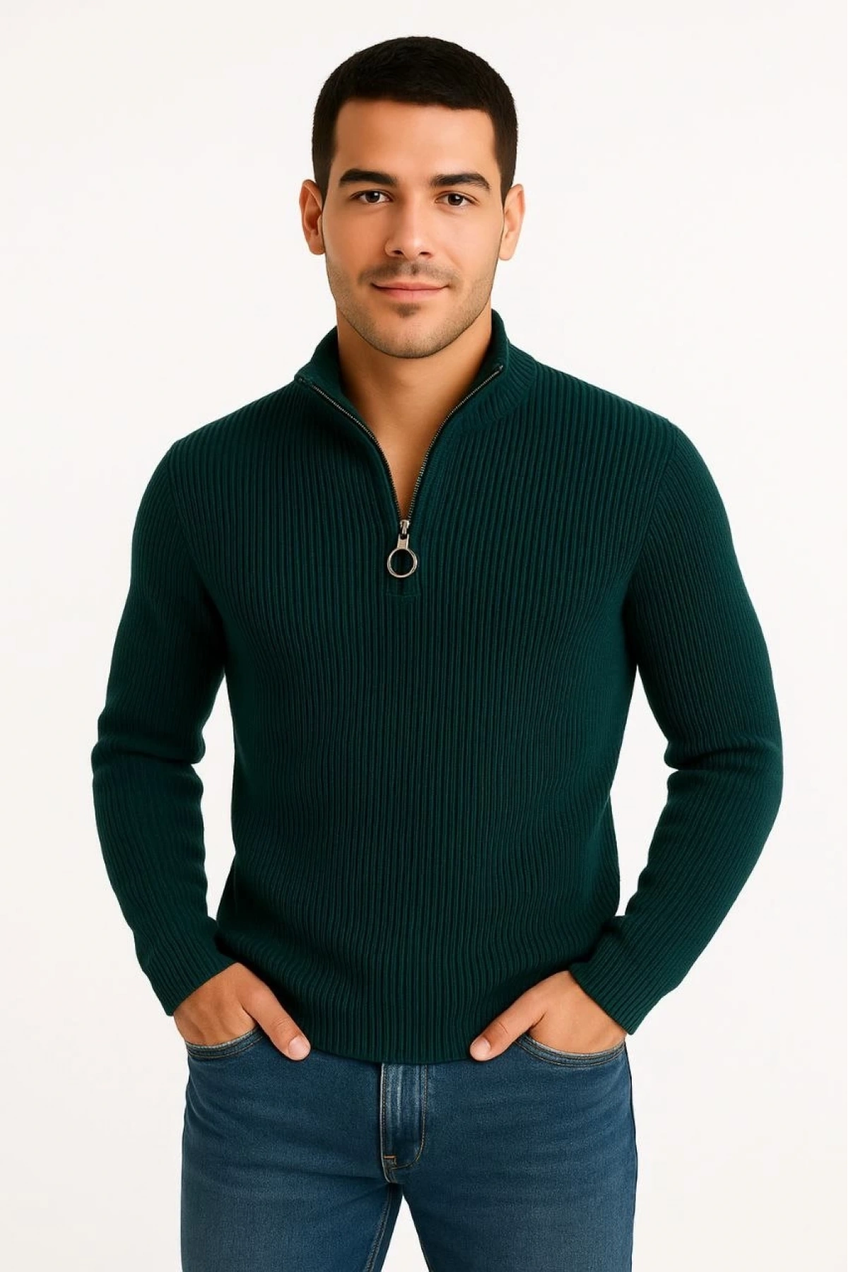 Erkek Yarım Fermuarlı Triko Kazak – Selanik Örgü, Dik Yaka, Pamuklu Dokuma, Regular Fit Uzun Kollu Kışlık Model - Haki