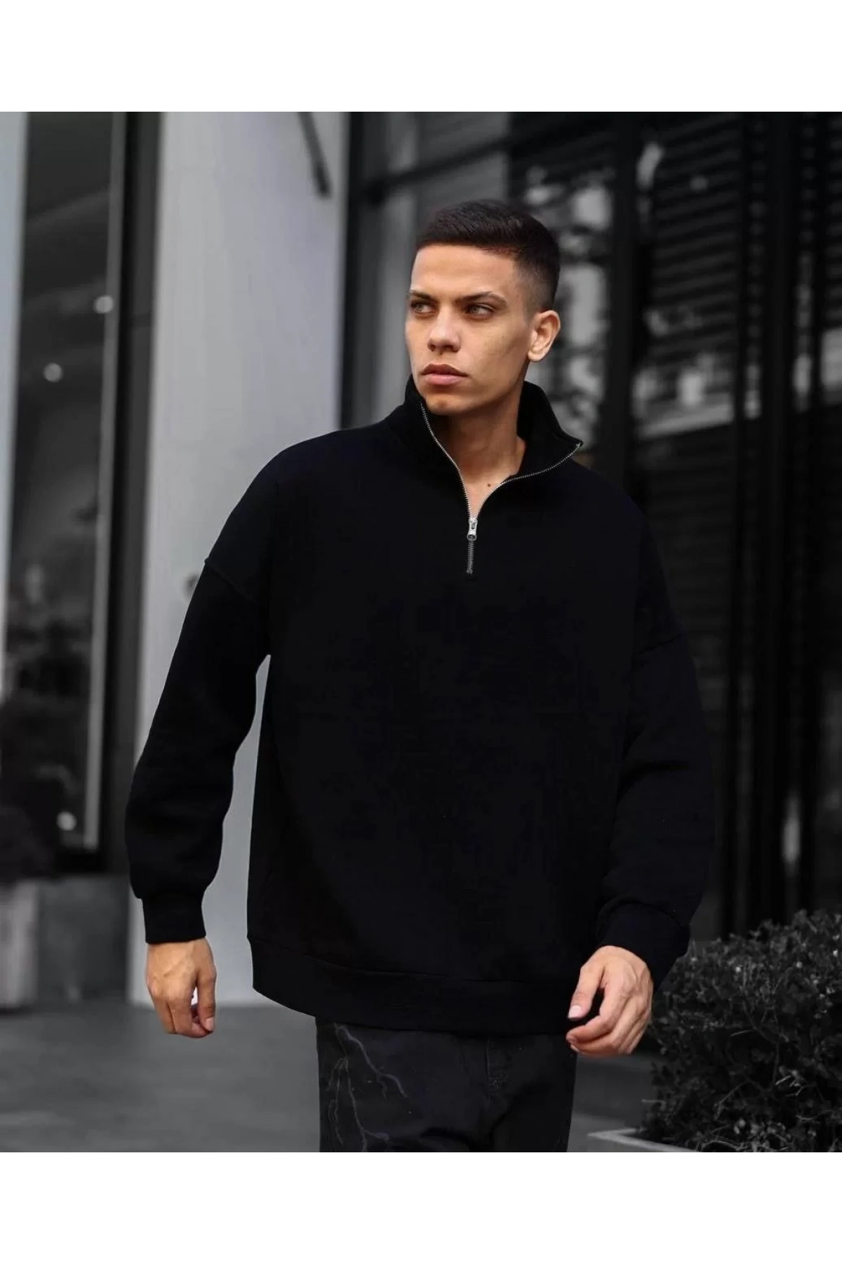 Erkek Yarım Fermuarlı Üç İplik Sweatshirt - Siyah