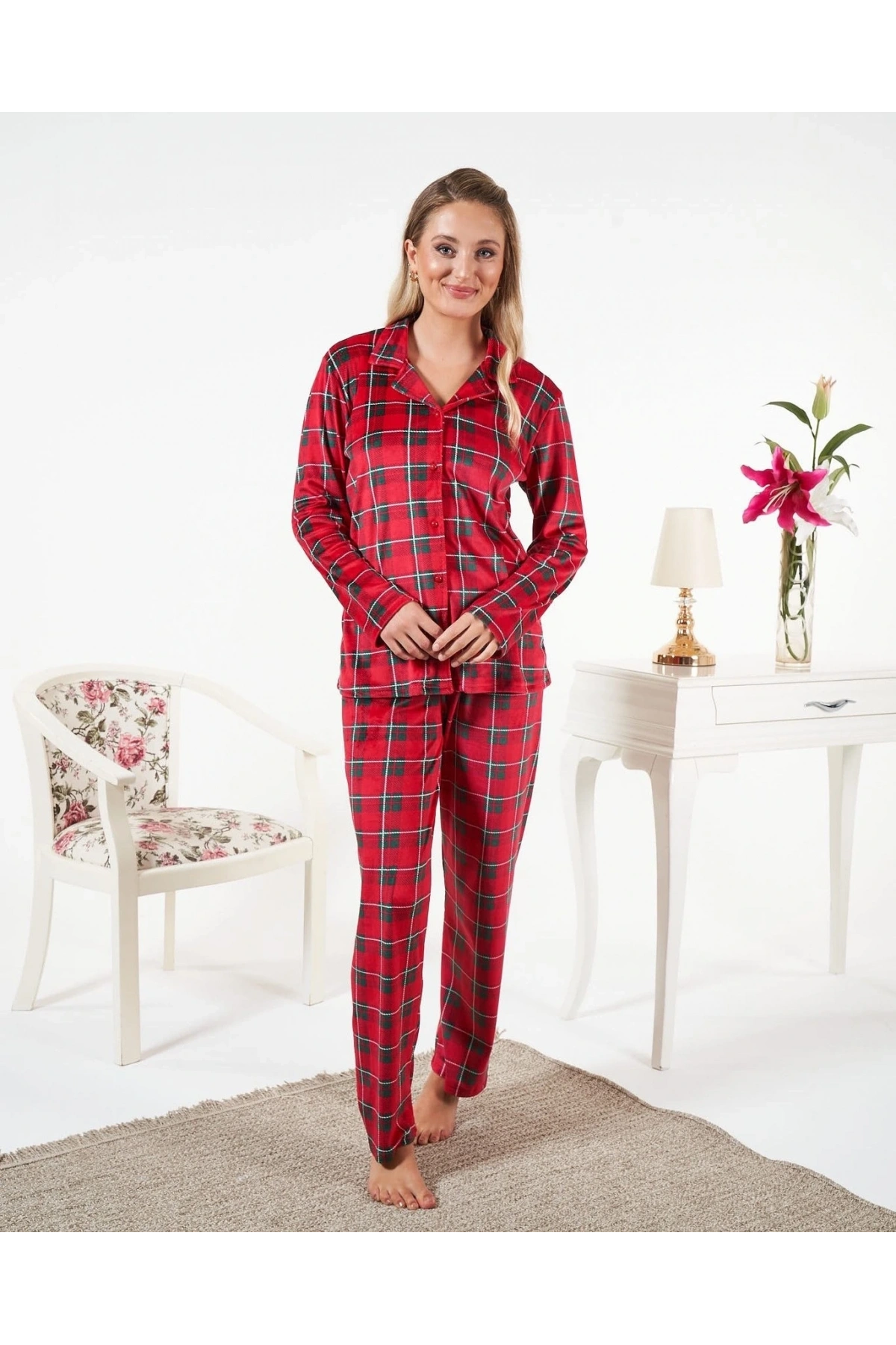 Estiva 25363 Gömlek Yaka Kadife Pijama Takımı