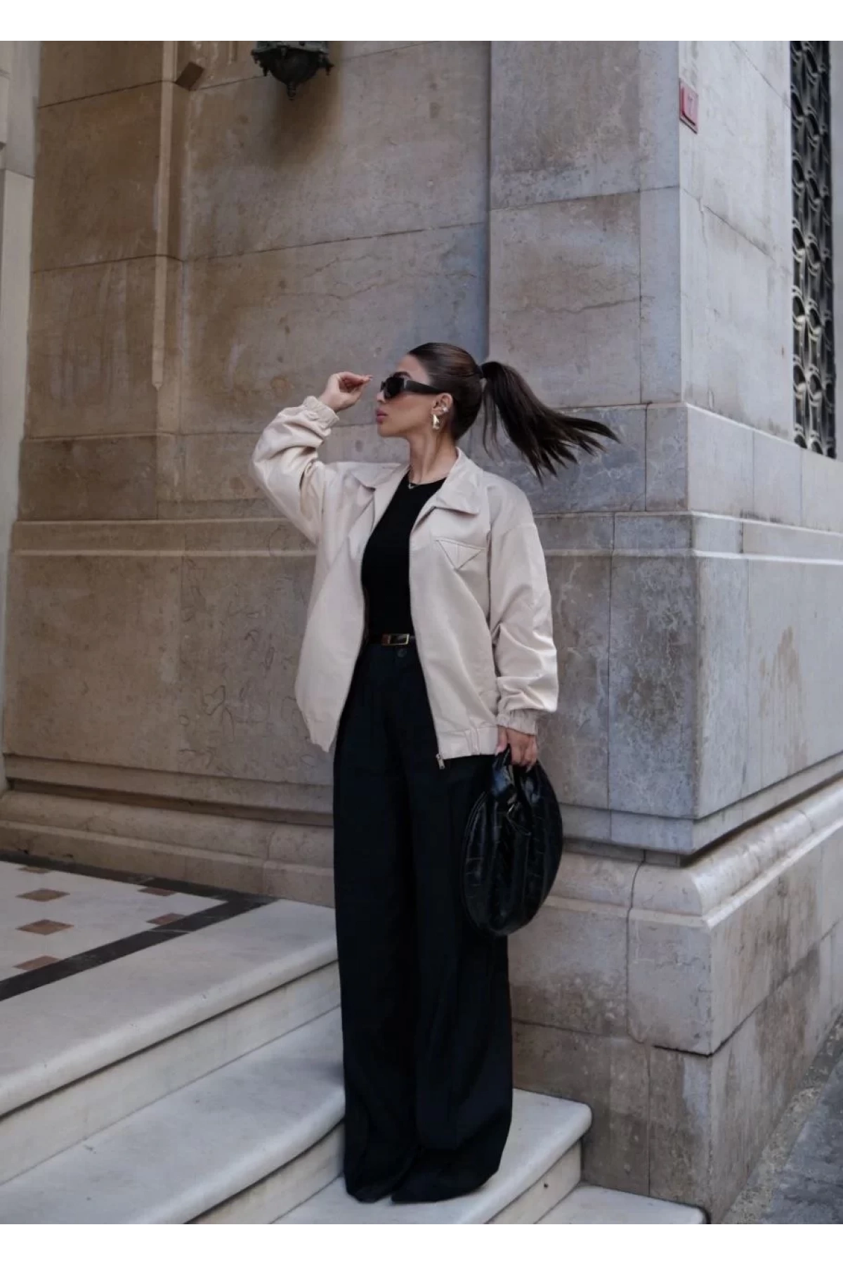 Fermuarlı Gömlek Yaka Bomber Ceket - Beyaz