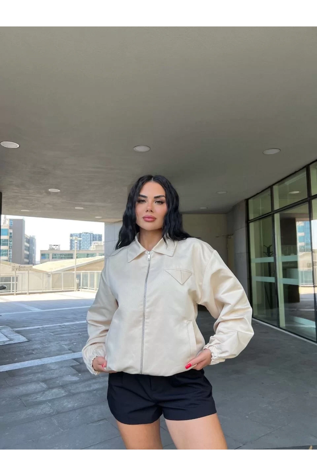 Fermuarlı Gömlek Yaka Bomber Ceket - Beyaz