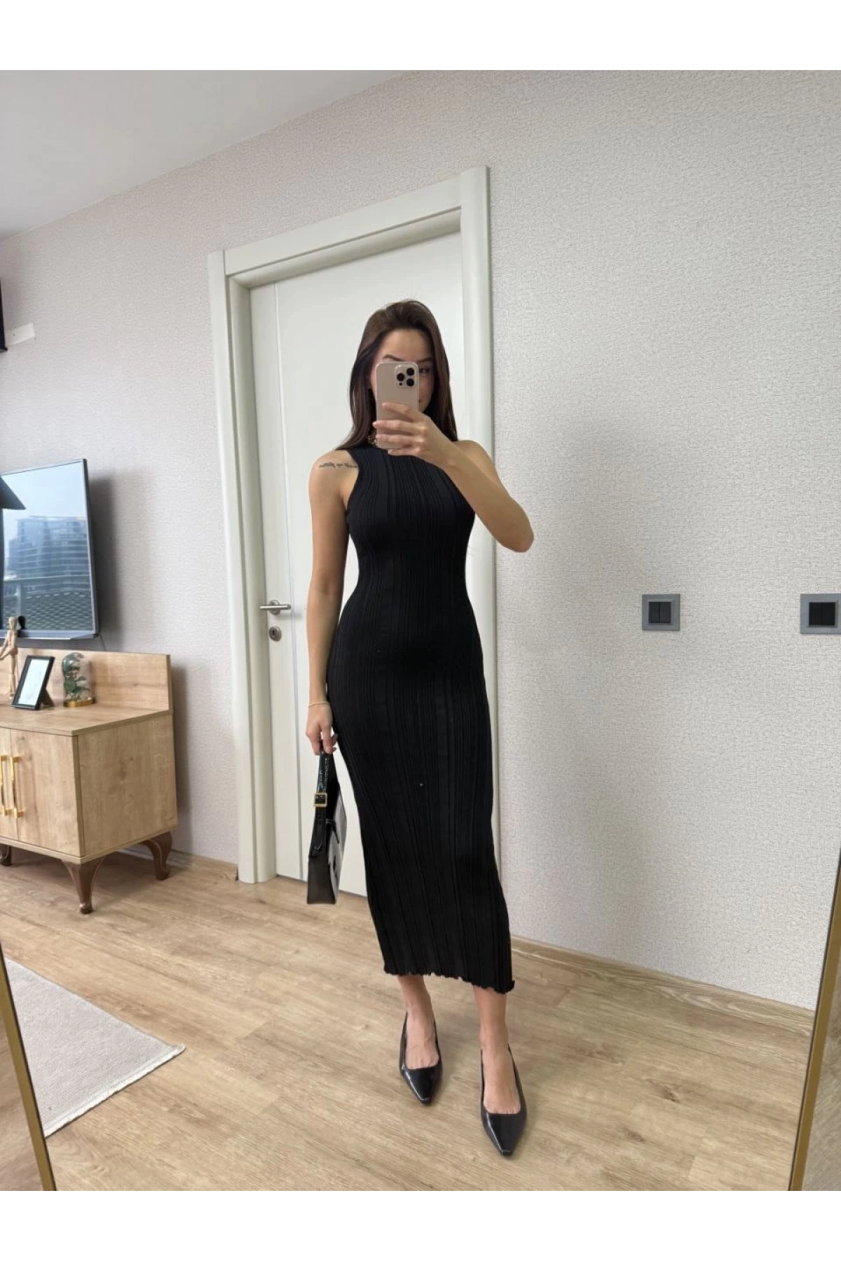 Fitilli Triko Elbise Kolsuz Sırtı Kapalı Maxi Uzun Boy - Siyah