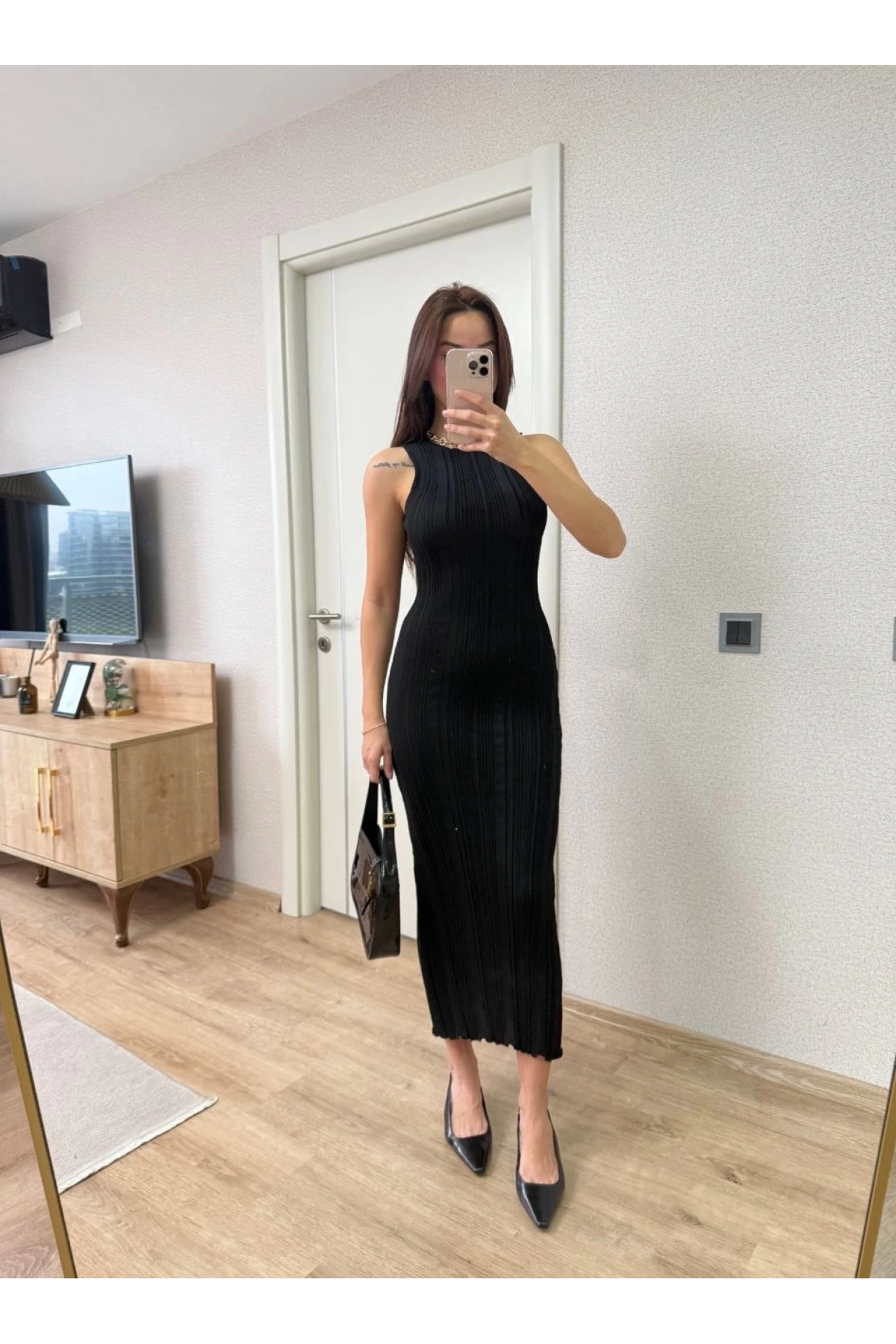 Fitilli Triko Elbise Kolsuz Sırtı Kapalı Maxi Uzun Boy - Siyah