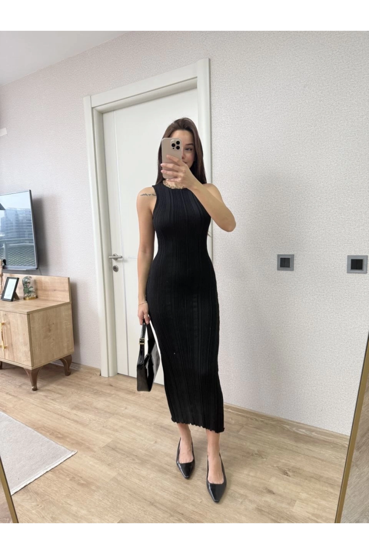 Fitilli Triko Elbise Kolsuz Sırtı Kapalı Maxi Uzun Boy - Siyah