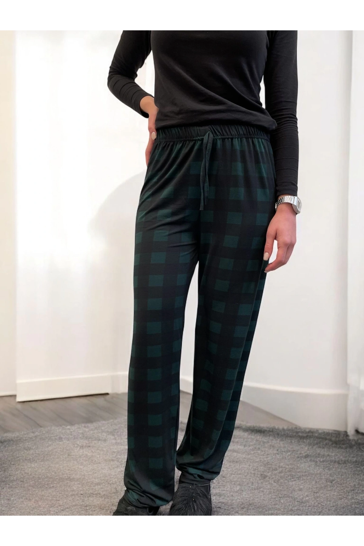 Freshness 801 Bayan Beli Lastikli Ekose Süet Tek Pijama Altı