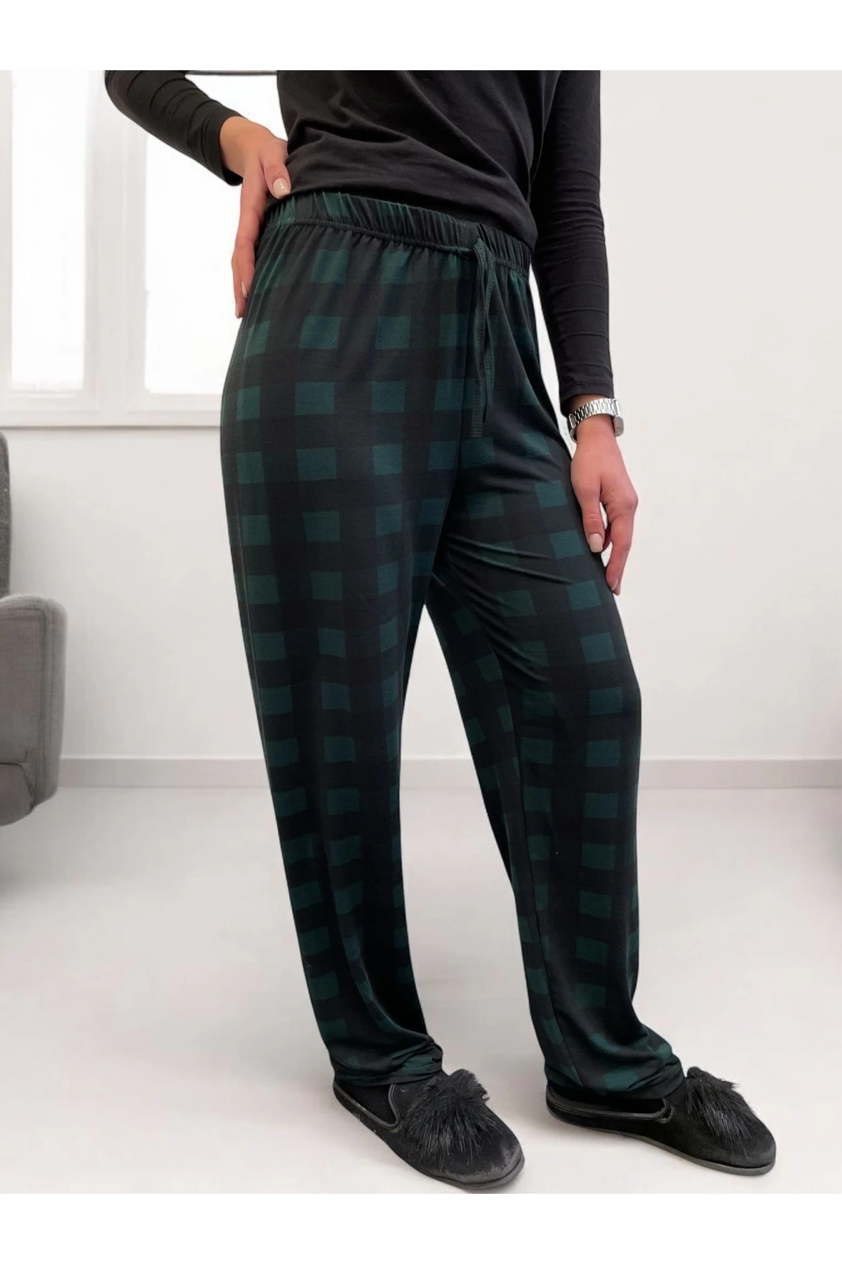 Freshness 801 Bayan Beli Lastikli Ekose Süet Tek Pijama Altı