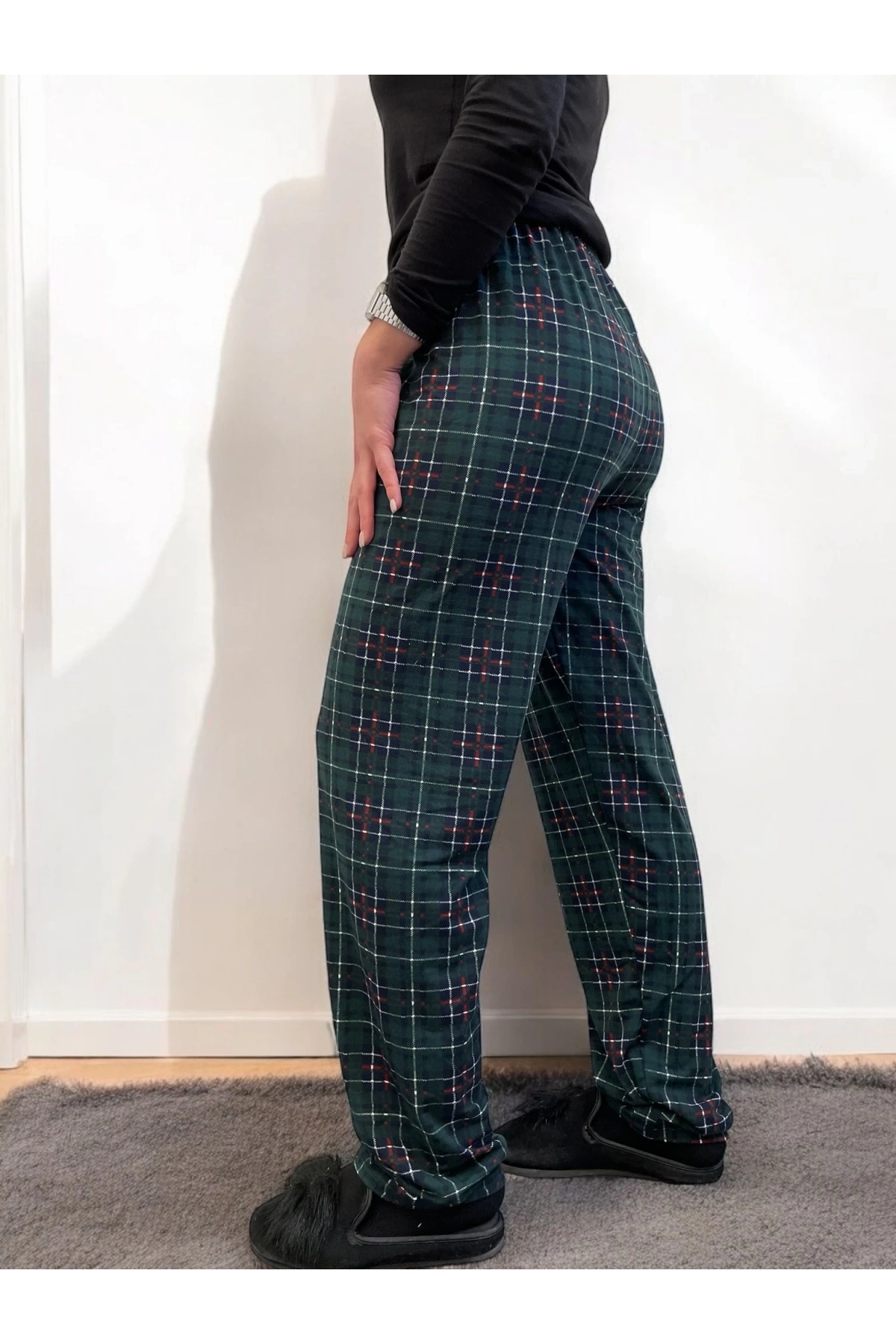 Freshness 801 Bayan Beli Lastikli Ekose Süet Tek Pijama Altı